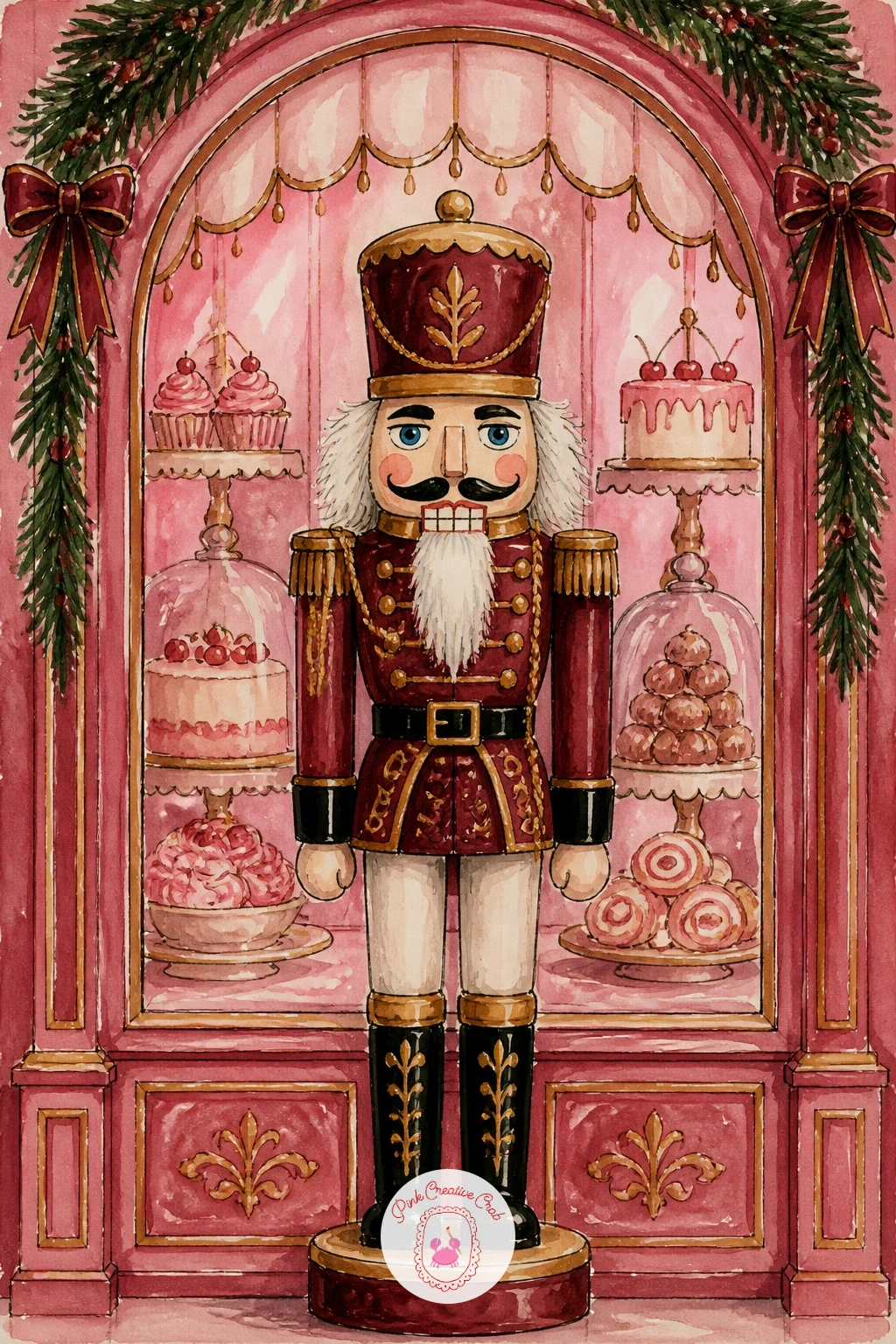 Nutcracker in a Pink Bakery Window — Shift the setting entirely with a nutcracker standing in a pink bakery window, a cozy small scene that borrows the warmth