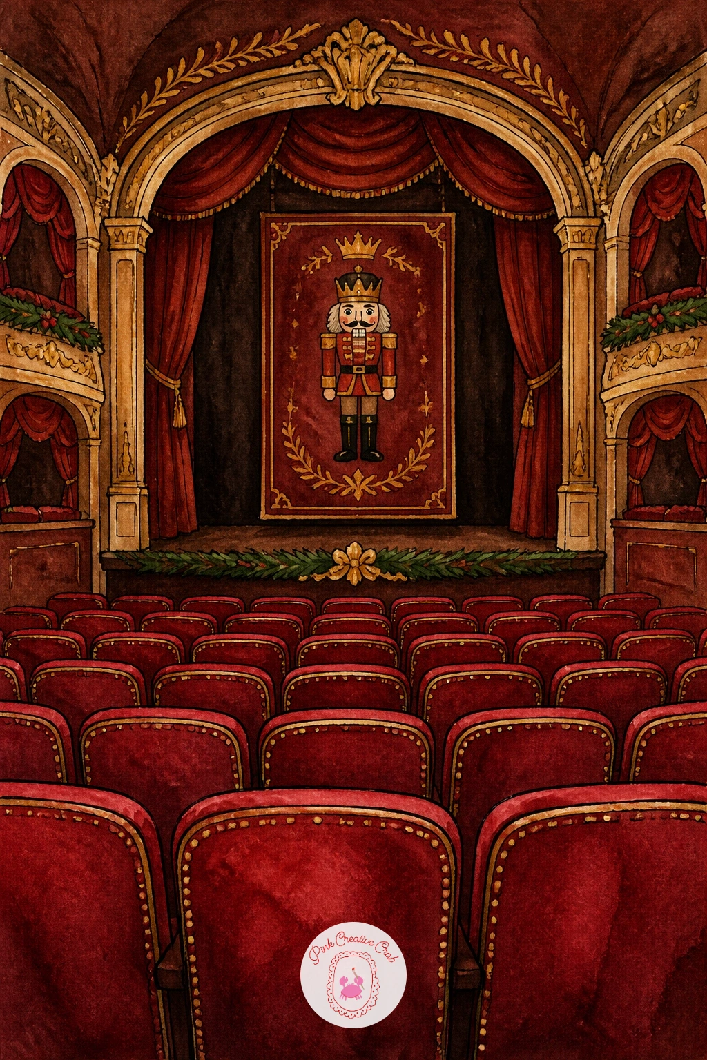 Theater With Red Seats and a Poster — Zoom out for a theater with red seats and a Nutcracker poster, a scene built almost entirely from simple repeated shapes