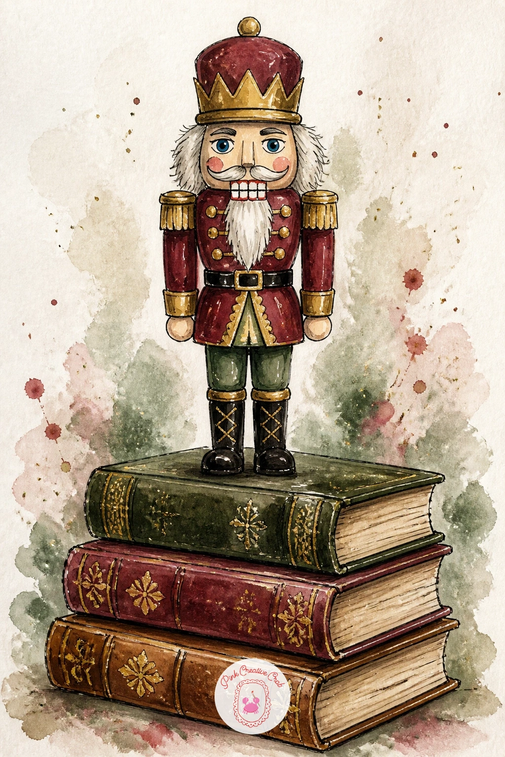 Nutcracker on Vintage Books — Settle back into a quiet still life with a nutcracker on a stack of vintage books, a composition that pairs well with any reader