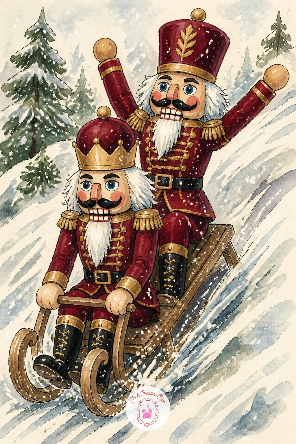 Two Nutcrackers on a Sled — Add a bit of movement with two nutcrackers on a sled, a playful scene that puts the stiff standing figures into an unusual seated