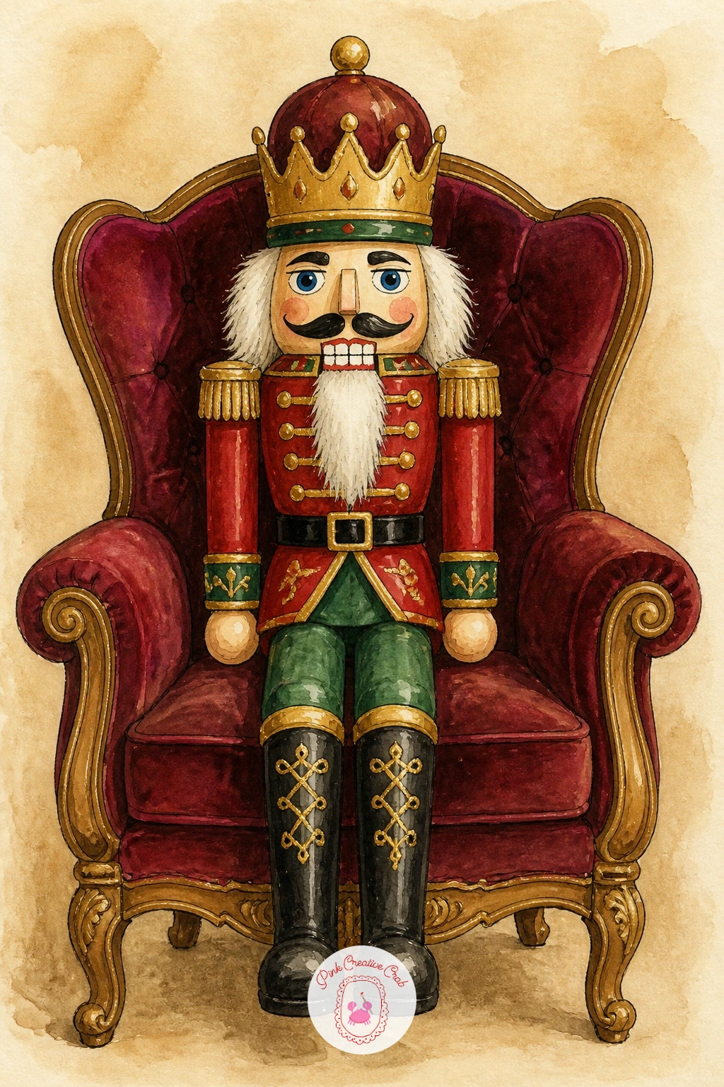 Nutcracker on a Velvet Armchair — Return to stillness with a nutcracker sitting on a velvet armchair, a scene that lets you paint a second velvet surface