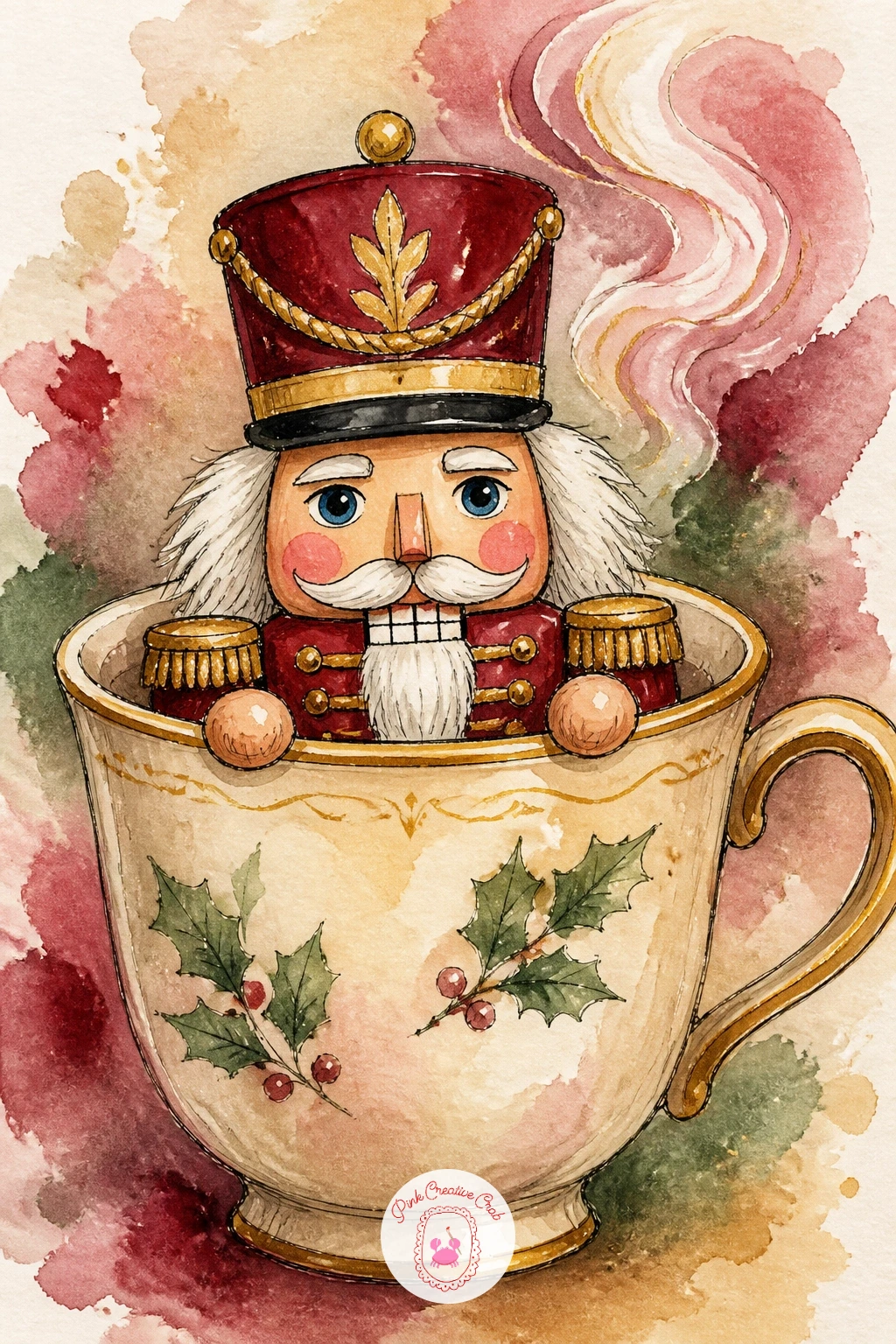 Nutcracker in a Teacup — Scale back down with a nutcracker in a teacup, a charming small scene that treats the cup almost like the snow globe's frame from