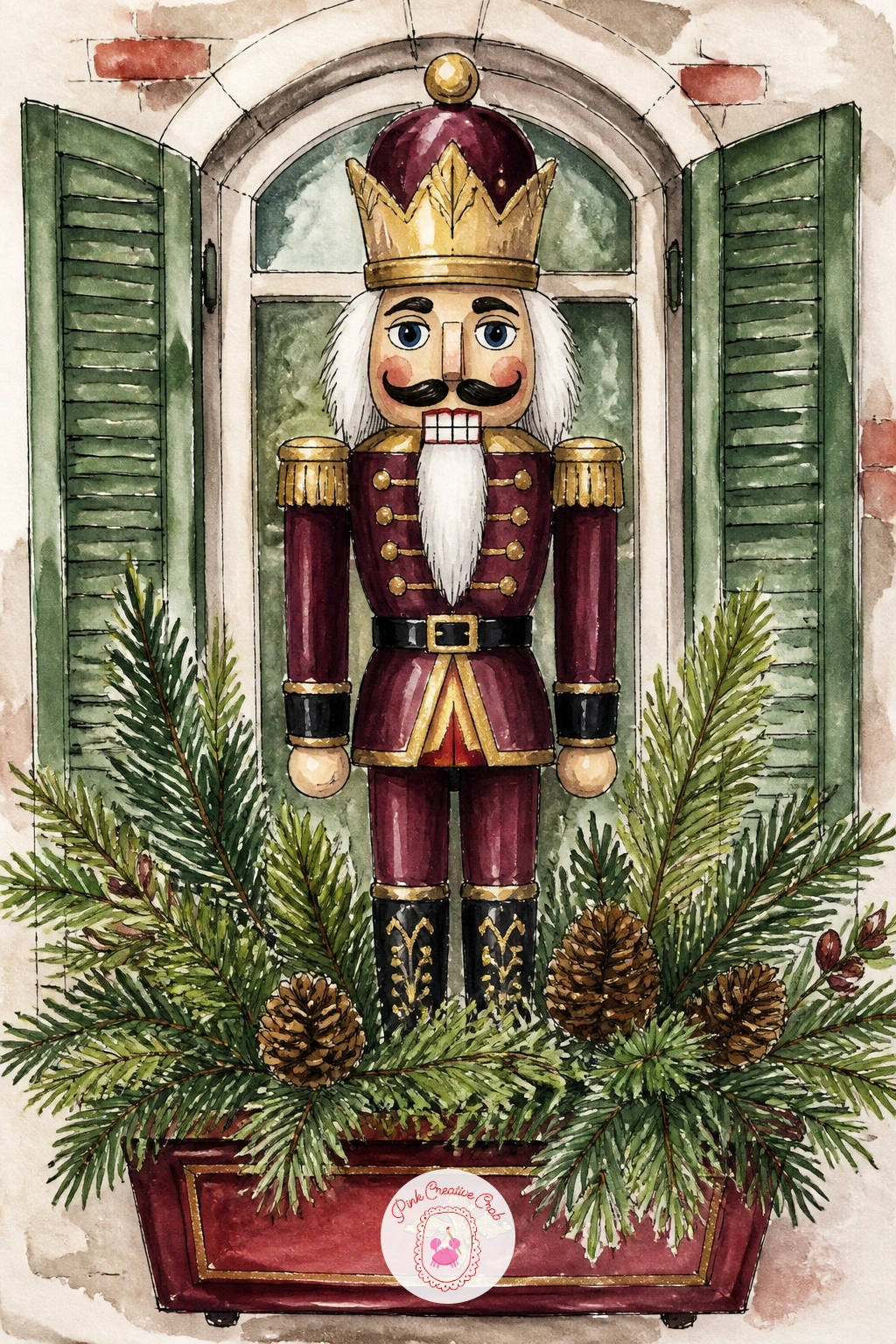 Nutcracker in a Window Box With Pine — Bring the nutcracker outdoors with a nutcracker in a window box with pine, a scene that frames the figure with greenery