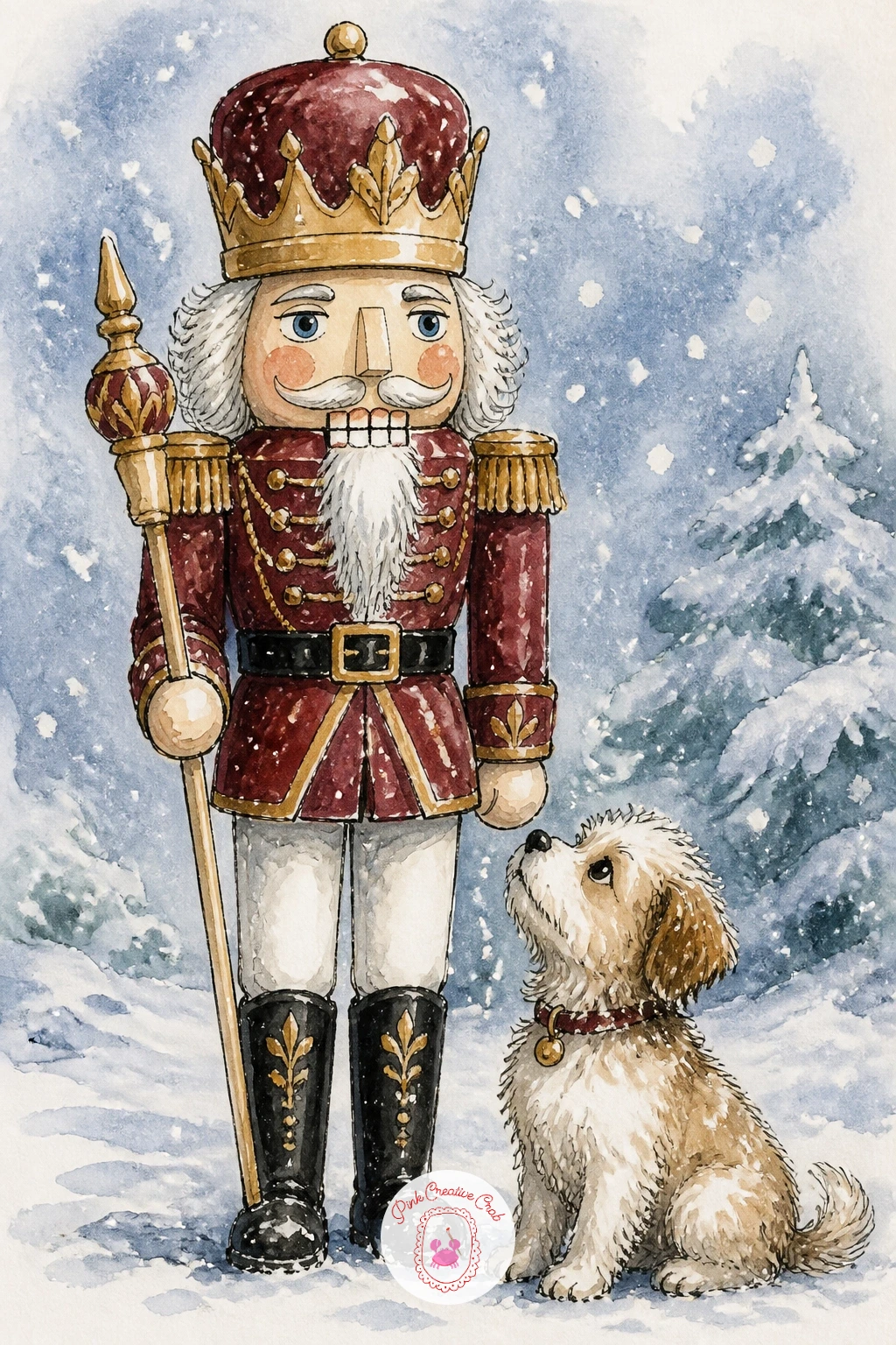 Nutcracker in Snow With a Little Dog — Close the series with a nutcracker standing in snow with a little dog, a warm final scene that pairs the toy figure with