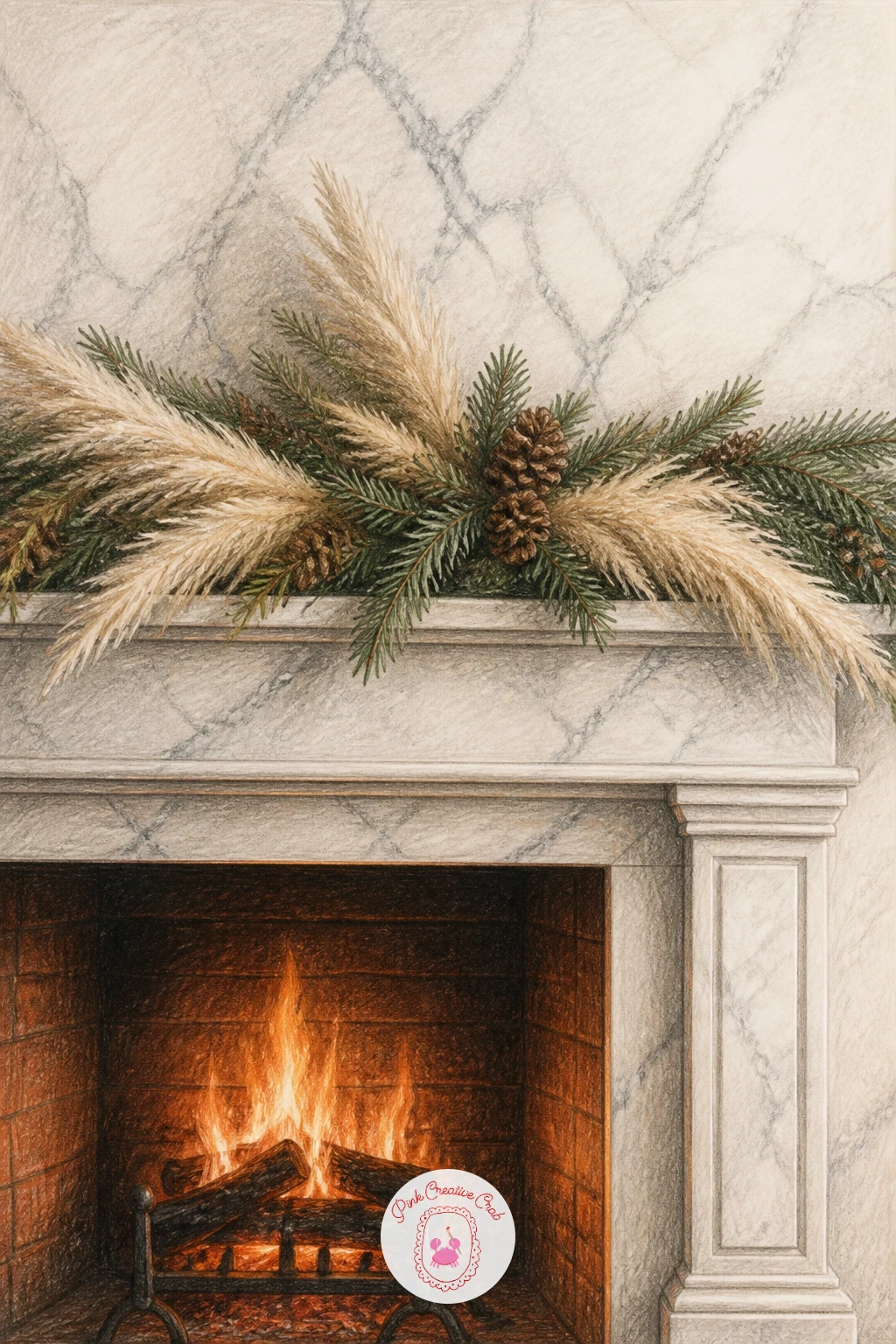 White Marble Mantel With Pampas and Pine Garland — Measure before you color: draw the mantel shelf as a simple rectangle first, then mark its exact midpoint so