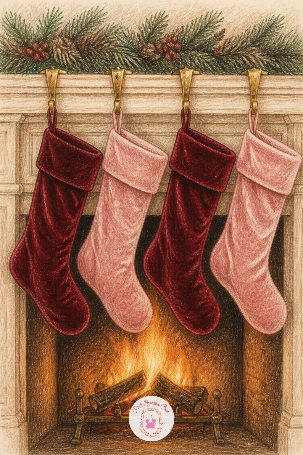 Velvet Stockings in Burgundy and Blush — Following on from a bare mantel, hanging stockings is the fastest way to make it feel dressed. Christmas fireplace