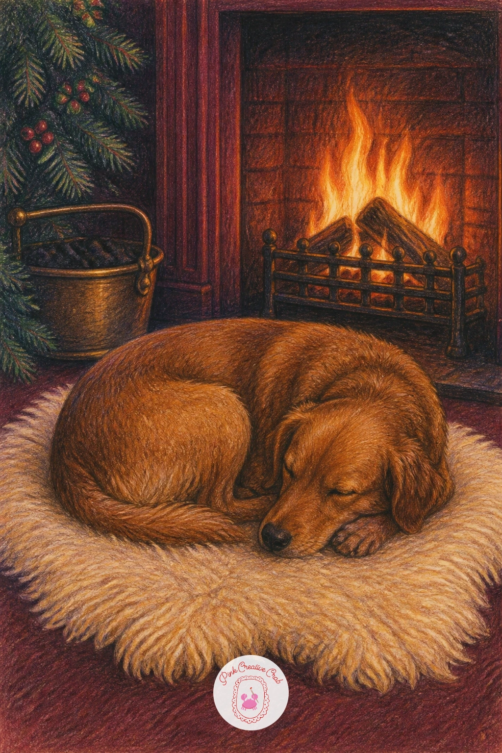 Dog Asleep on a Sheepskin — With the mantel dressed, bring in the first living thing in the room. Christmas fireplace drawing