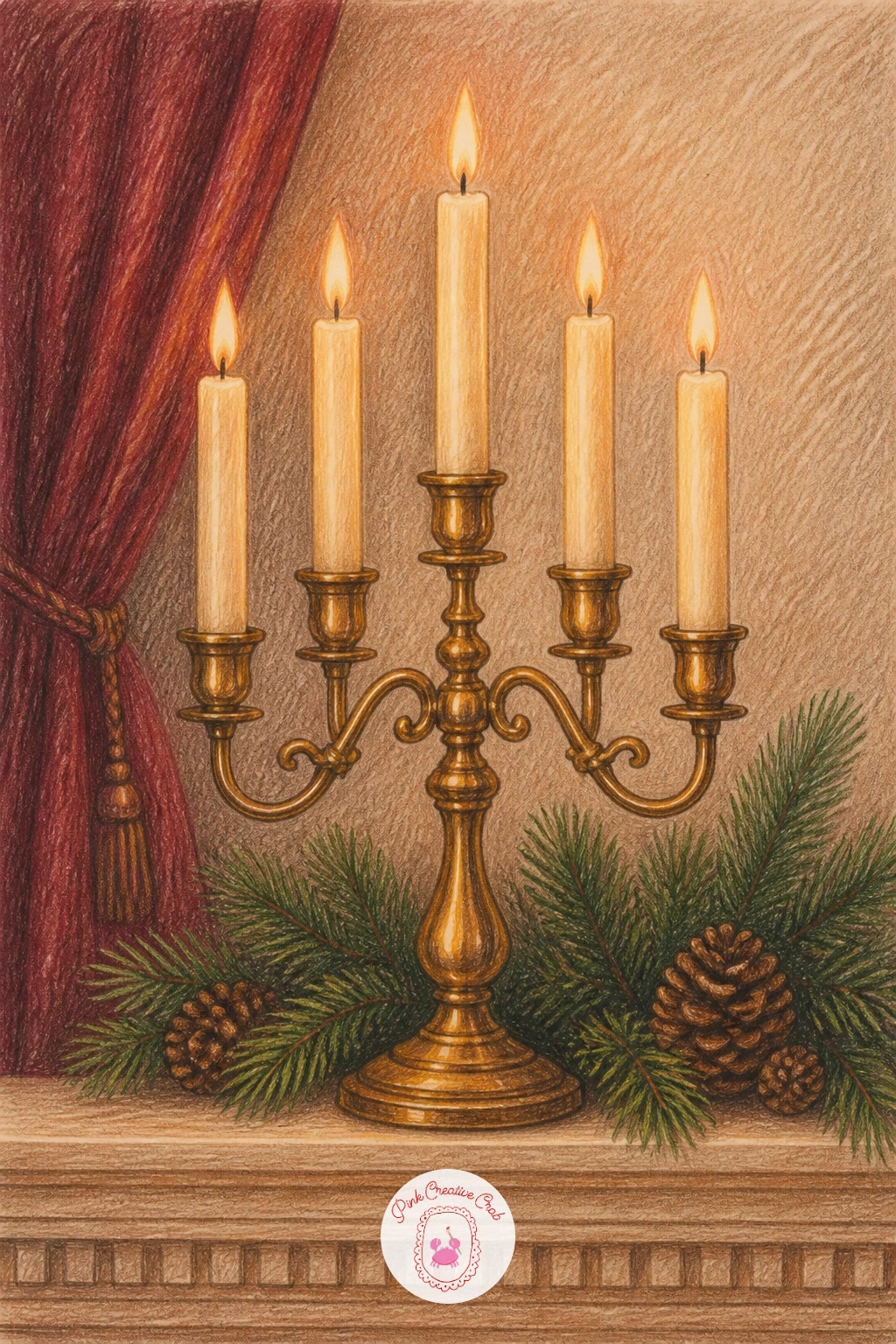 Brass Candelabra With Taper Candles — After the soft fur of the sleeping dog, switch to something crisp and metallic. Christmas fireplace drawing