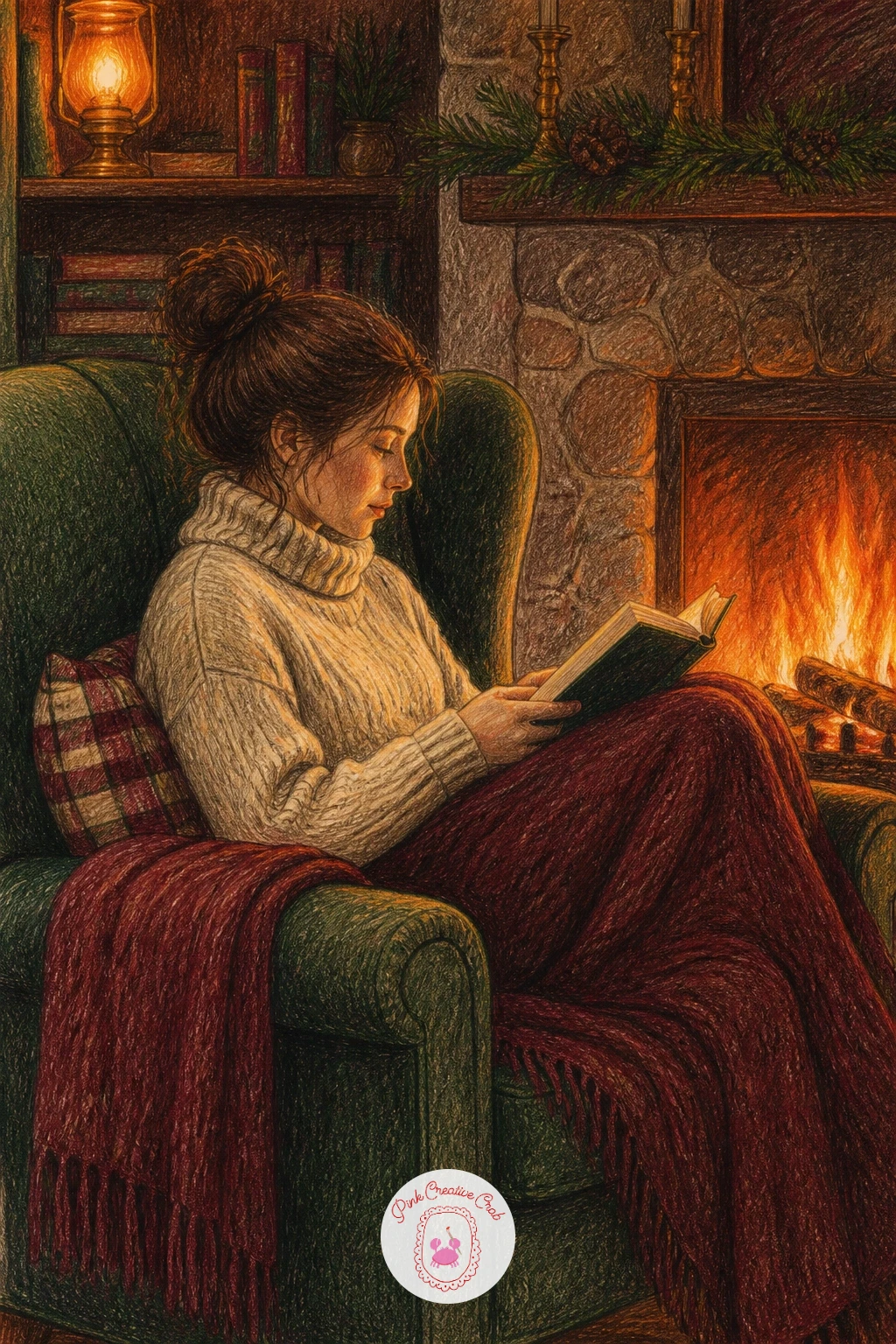 Woman Reading in an Armchair by the Fire — Give the room a person now that the mantel and its fire are established. Christmas fireplace drawing