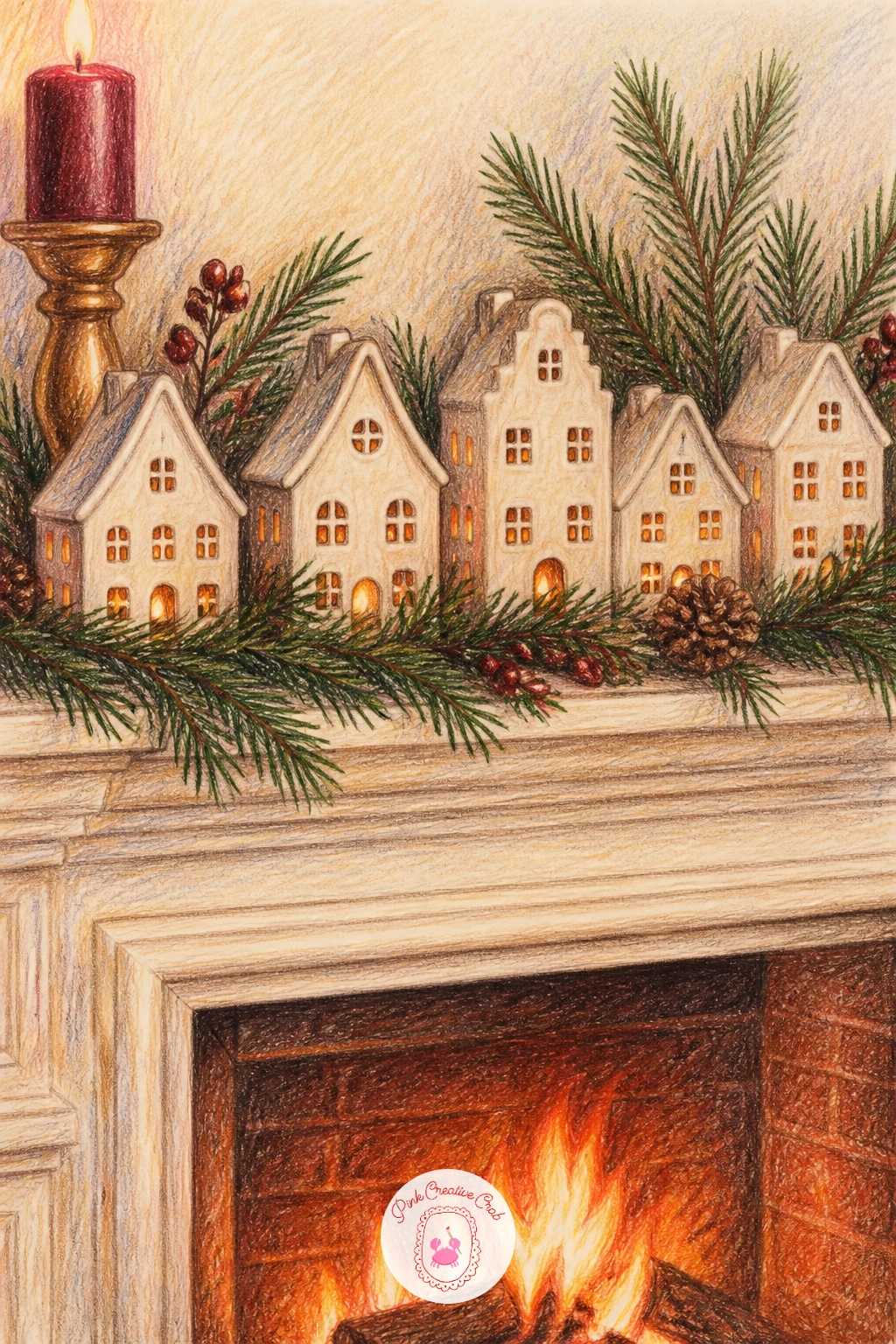 Mantel With Ceramic House Ornaments — Move back to the mantel itself for a quieter, more graphic scene. Christmas fireplace drawing