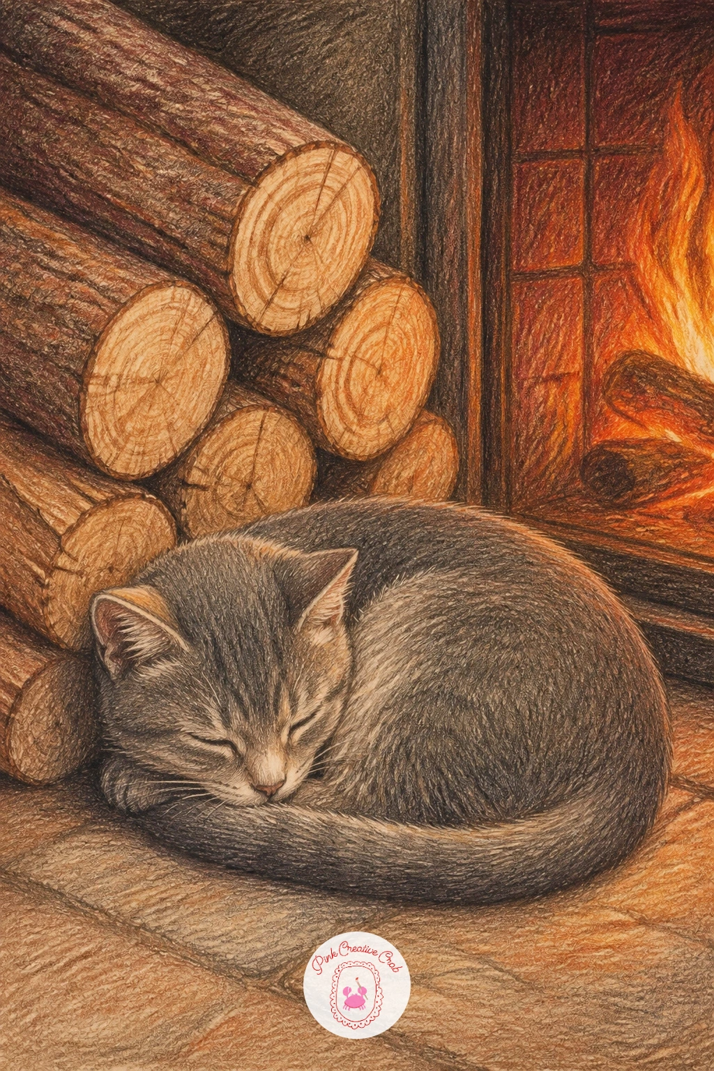 Cat Curled Next to a Stack of Logs — Bring in a second pet moment, this time tucked lower in the scene near the hearth itself. Christmas fireplace drawing