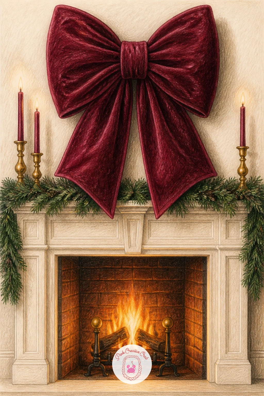 Fireplace With a Giant Bow Above It — Scale up the drama after two quiet, textural pieces. Christmas fireplace drawing