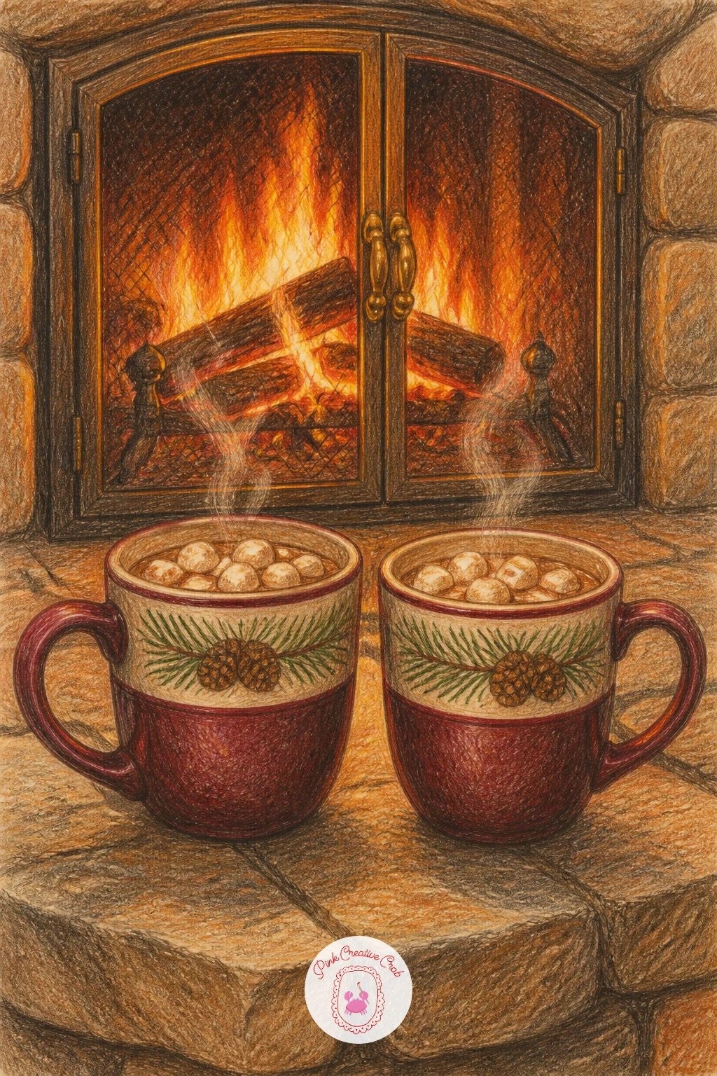 Two Mugs of Cocoa on the Hearth — Bring the scale back down to something small and quiet after the giant bow. Christmas fireplace drawing