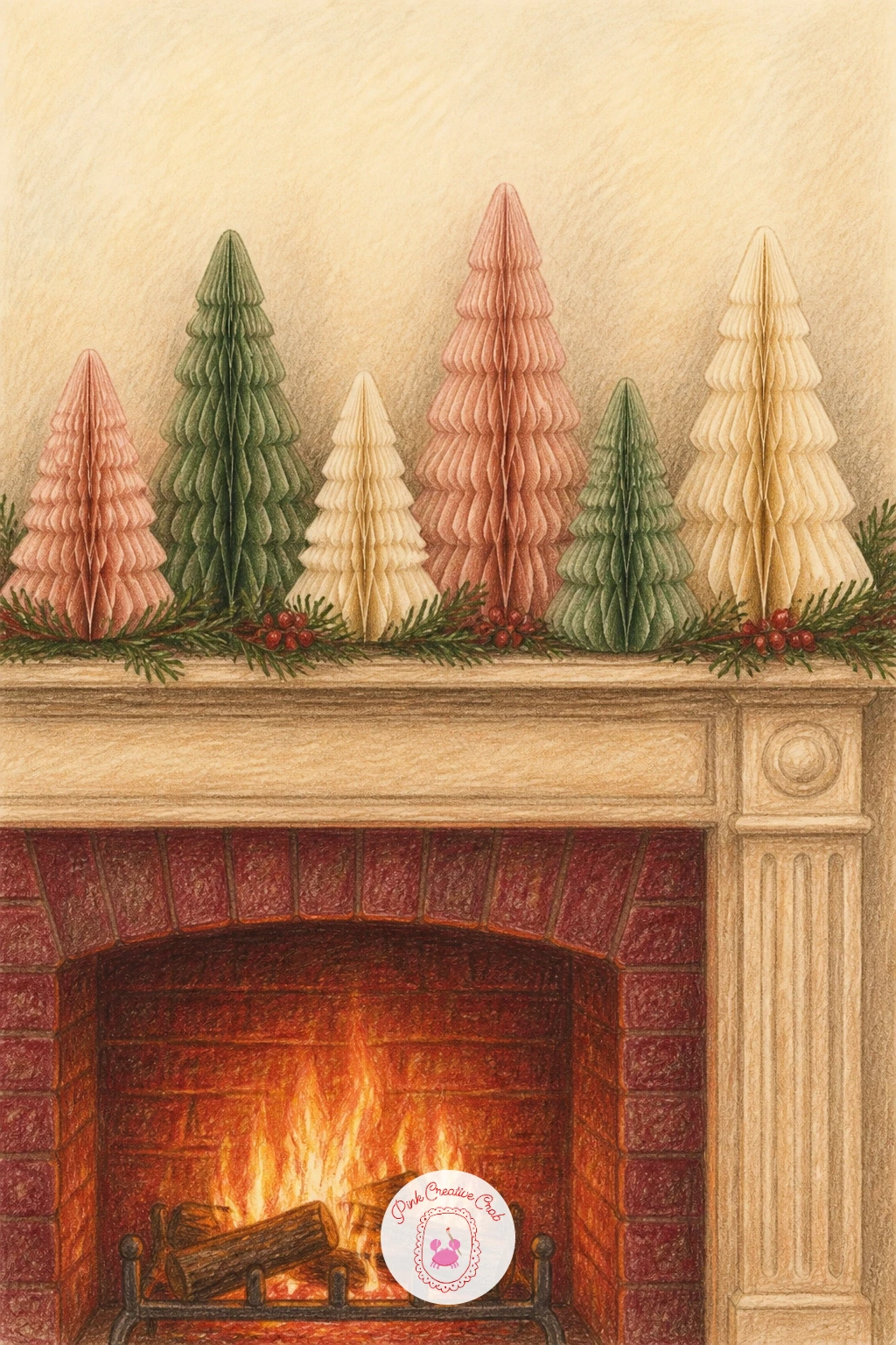 Mantel With Paper Honeycomb Trees — Pick up the graphic, modern thread again with a row of paper honeycomb trees standing along the mantel. Christmas fireplace