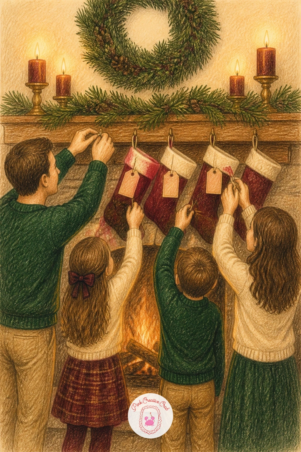 Family Hanging Stockings With Name Tags — Bring people back into the scene with a small group moment. Christmas fireplace drawing