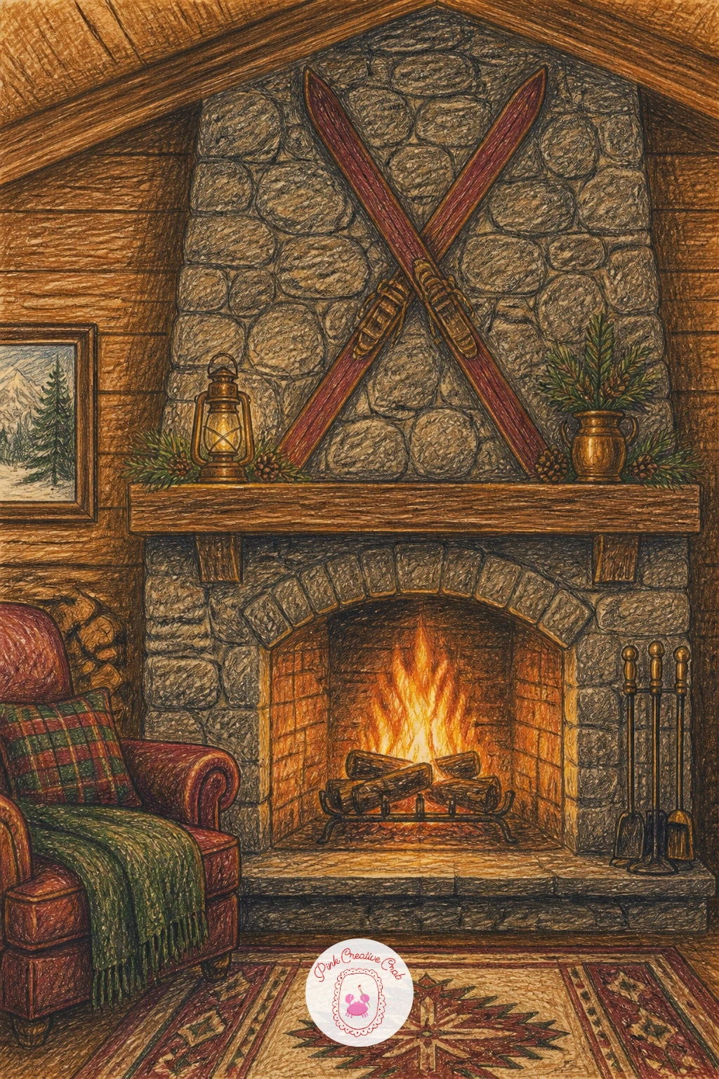 Fireplace in a Cabin With Skis on the Wall — Change the whole backdrop now for a rustic cabin version. Christmas fireplace drawing