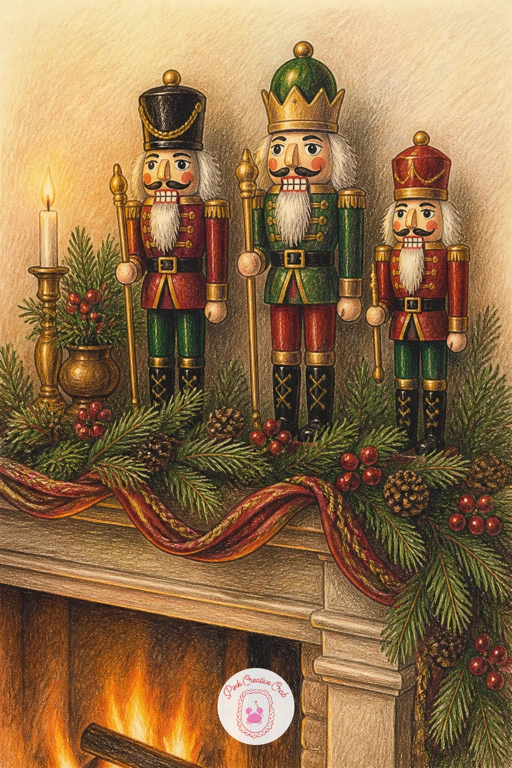 Mantel With Nutcrackers and Greenery — Return to a more classic mantel after the rustic cabin scene. Christmas fireplace drawing
