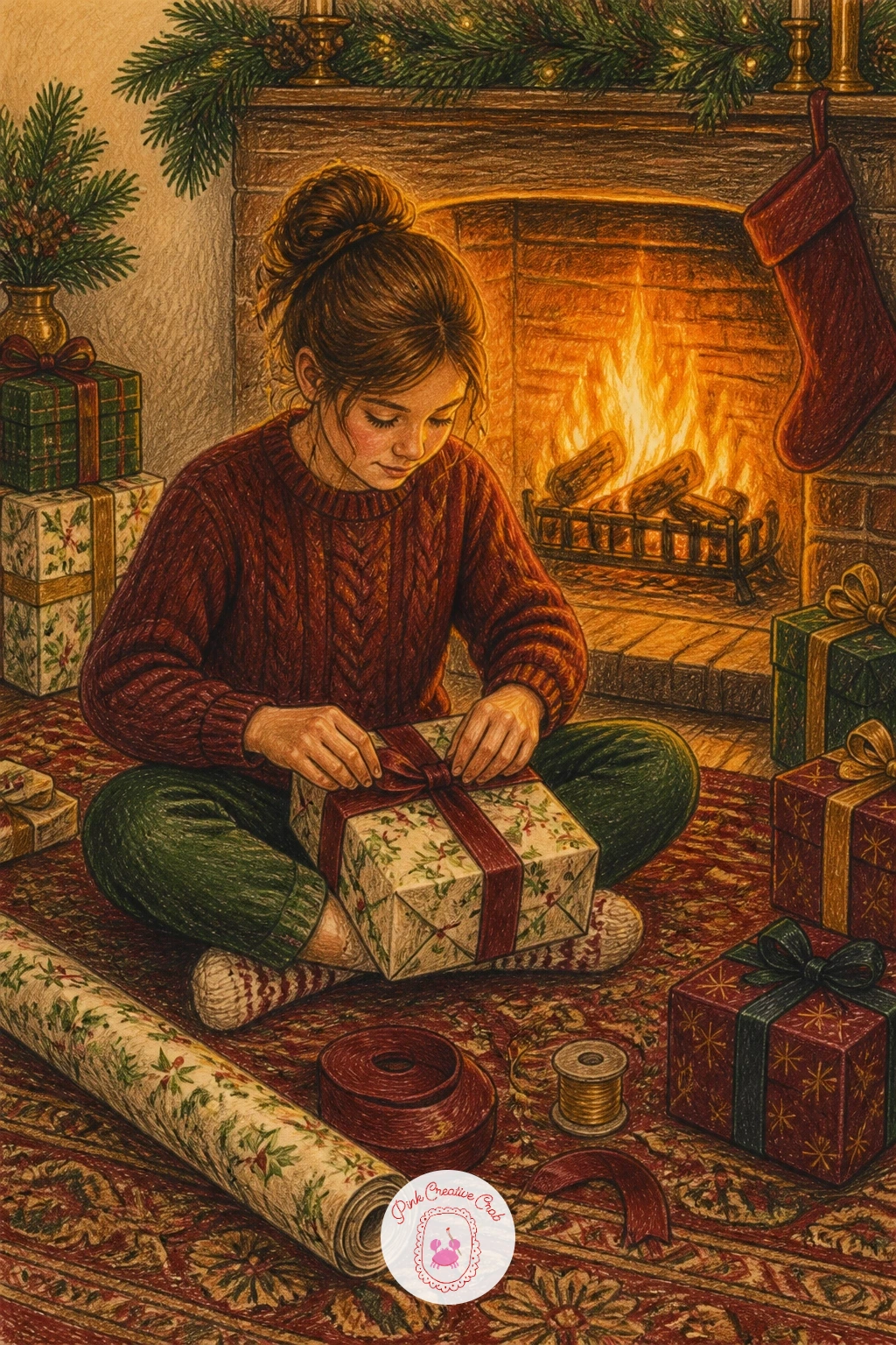 Fire Glowing With a Girl Wrapping Gifts — Bring the scene down onto the rug for a close, intimate moment. Christmas fireplace drawing