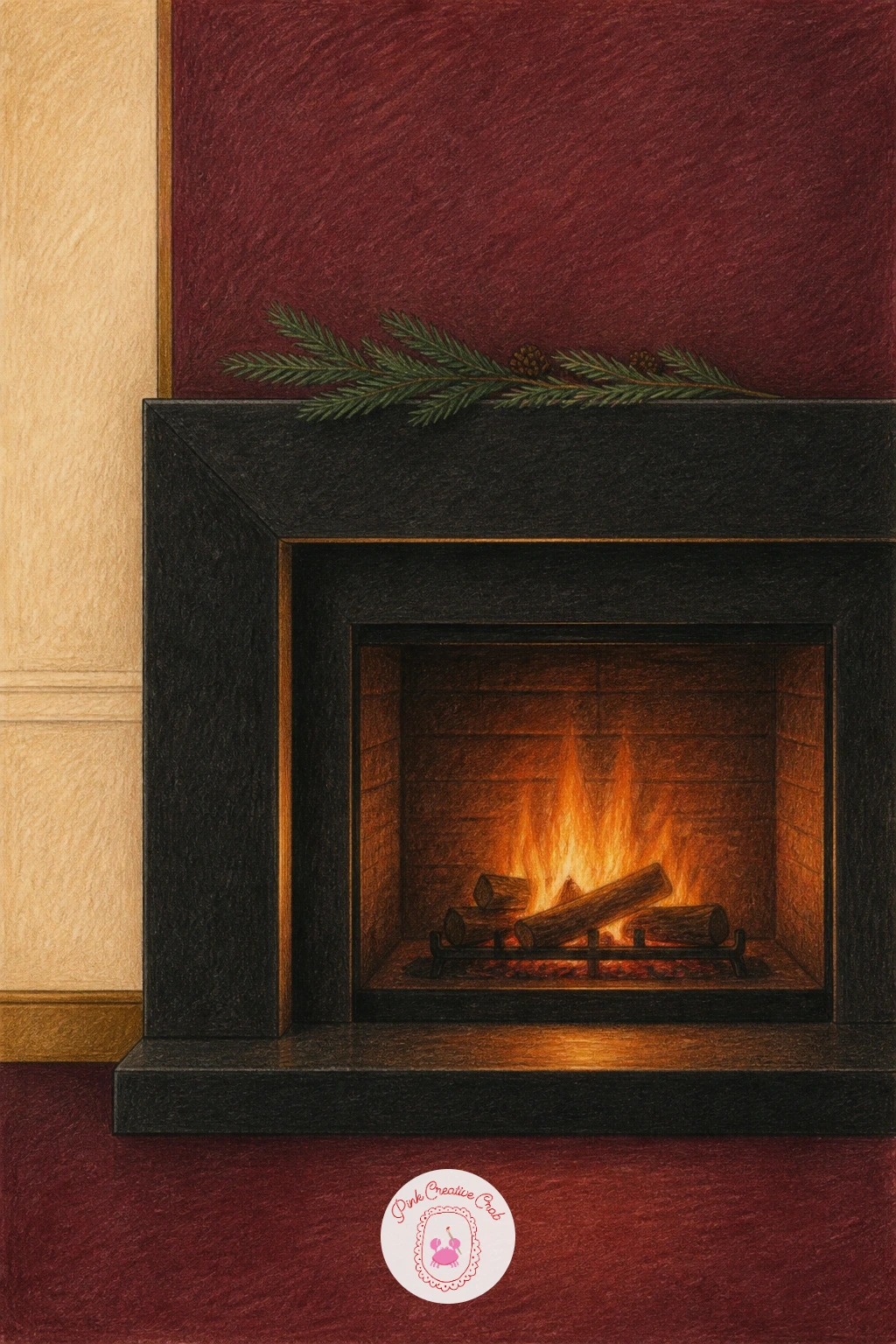 Modern Black Fireplace With Minimal Garland — Strip the scene right back for a contrast after the busy wrapping moment. Christmas fireplace drawing