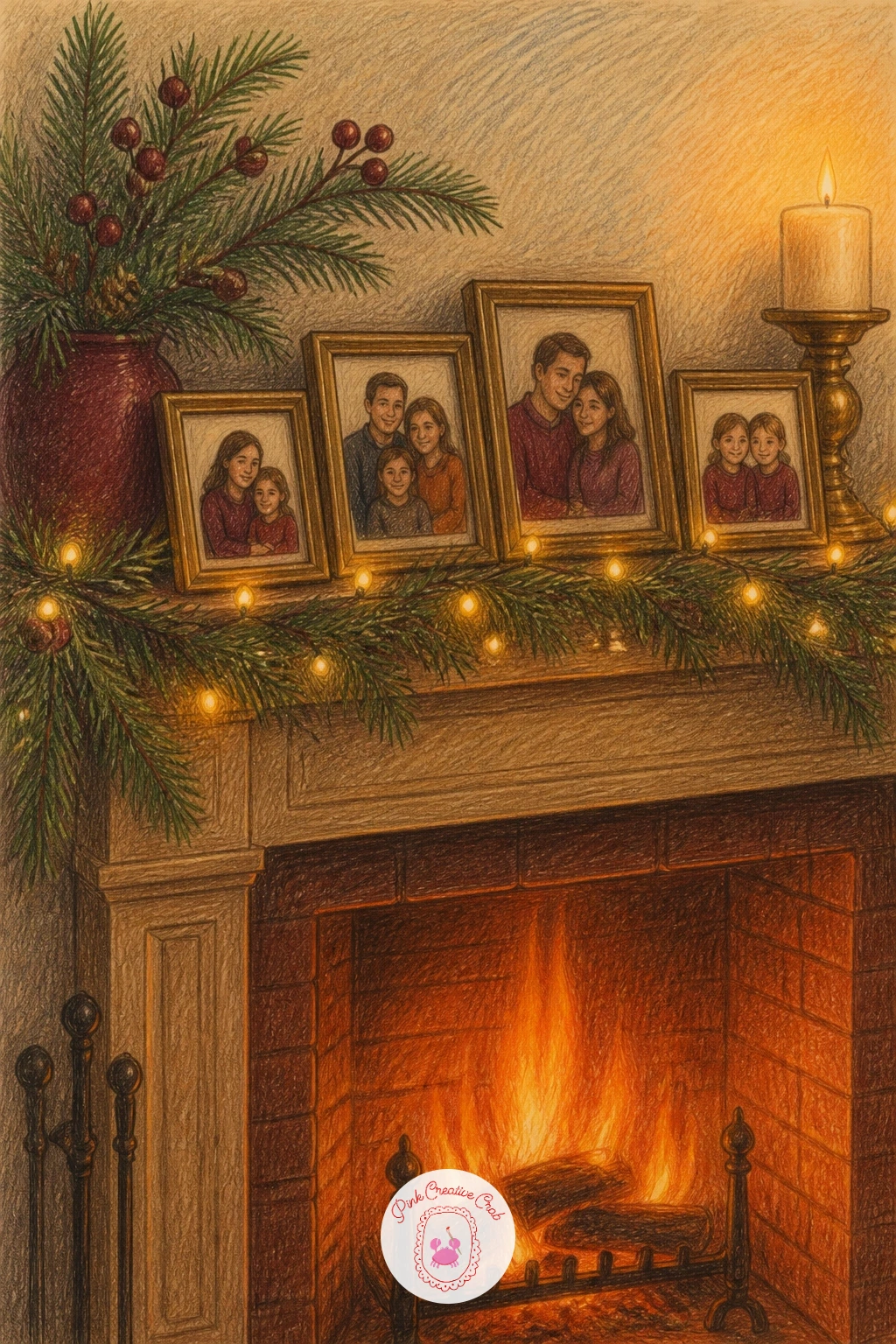 Mantel With Framed Family Photos and Fairy Lights — Soften things again with a personal, lived-in mantel. Christmas fireplace drawing