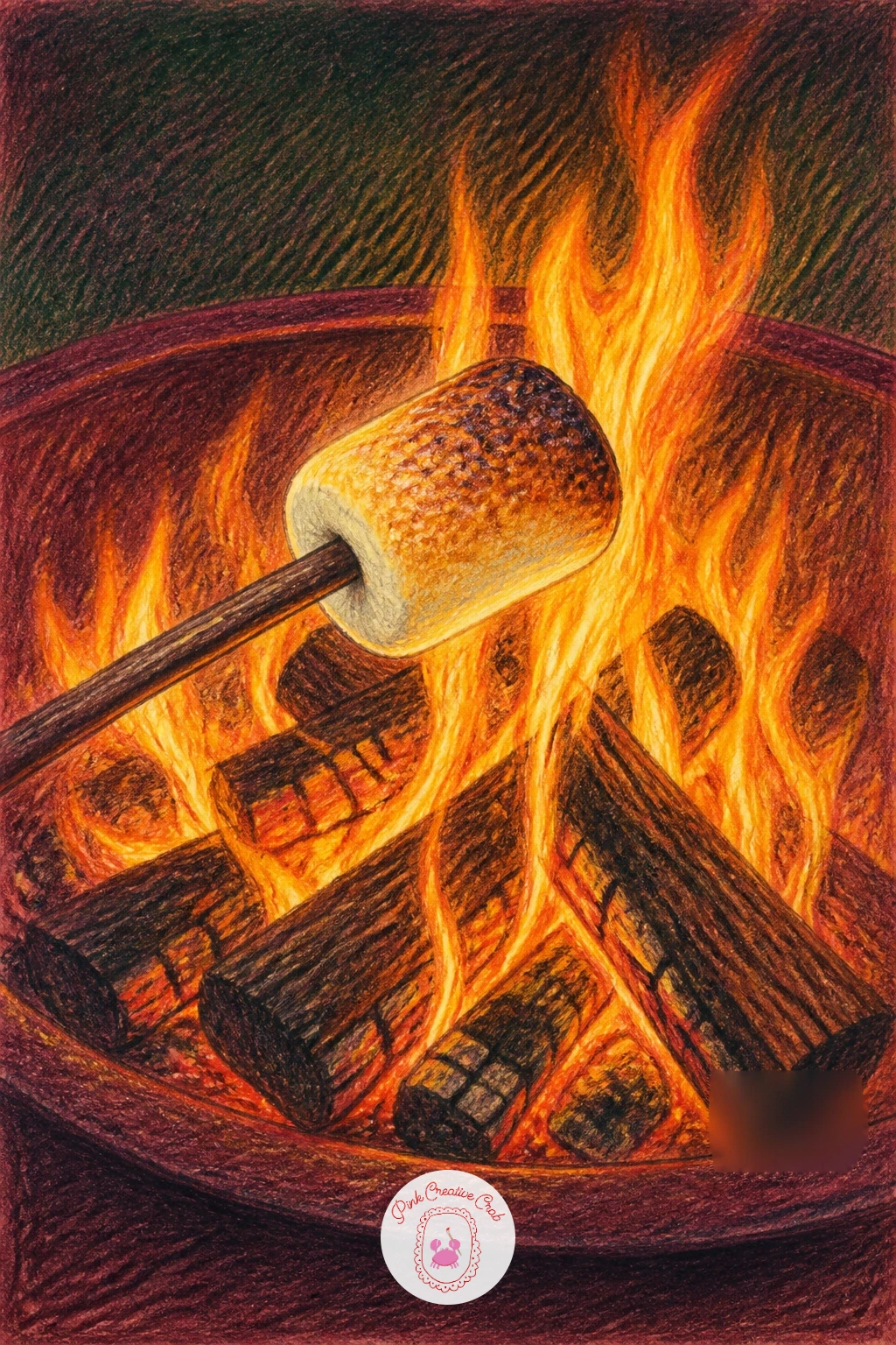 Marshmallows Roasting Over the Fire — Zoom right into the fire itself for this one. Christmas fireplace drawing