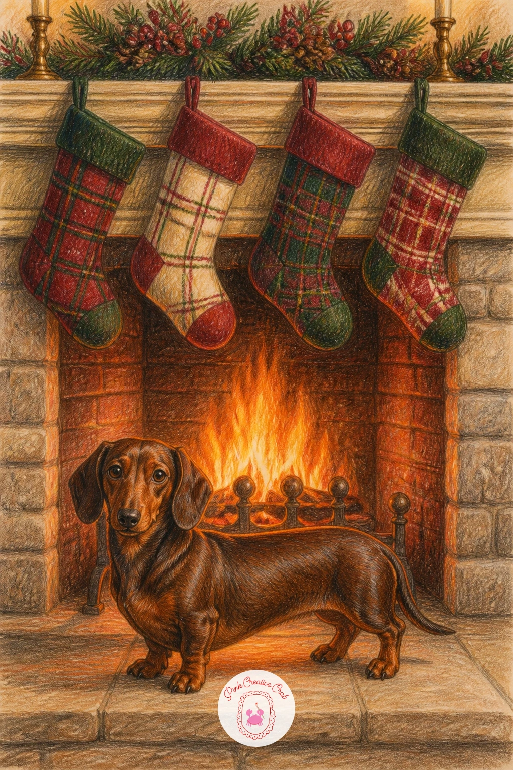 Fireplace With Tartan Stockings and a Dachshund — Pair a specific pattern with a specific dog for this one. Christmas fireplace drawing