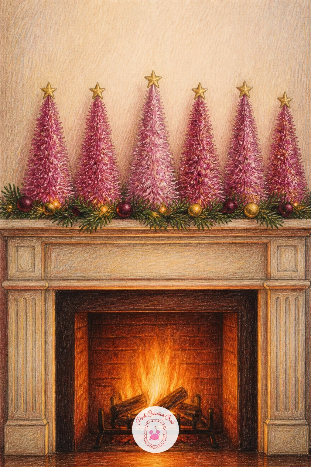 Mantel With a Row of Pink Tinsel Trees — Go bold and modern again with a playful color choice. Christmas fireplace drawing