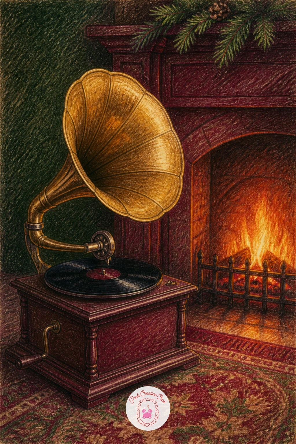 Gramophone Playing Next to the Fire — Bring in a single vintage object for a quieter, more sculptural scene. Christmas fireplace drawing