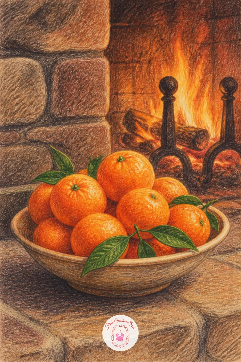 Bowl of Clementines on the Hearth — Keep the scene simple and still with this one. Christmas fireplace drawing