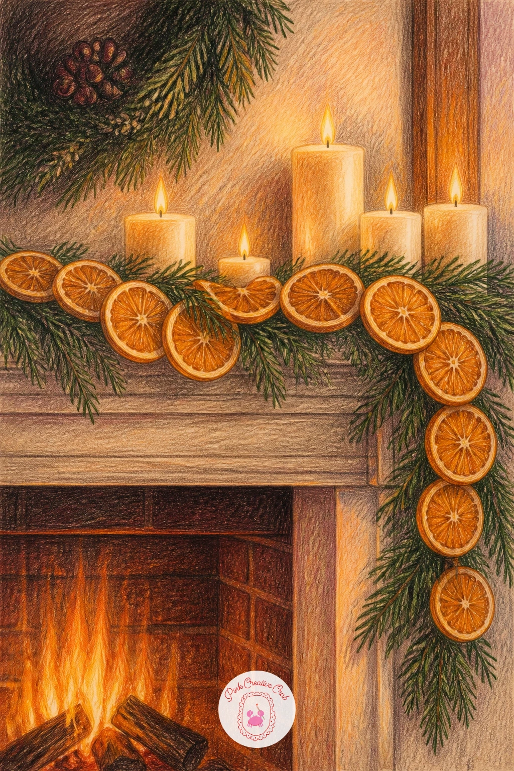 Mantel With Dried Orange Garland and Candles — Carry the citrus theme up onto the mantel itself. Christmas fireplace drawing