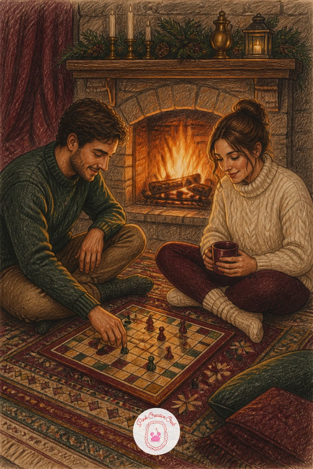 Couple Playing a Board Game by the Fire — Bring two figures together for a relaxed, close moment. Christmas fireplace drawing