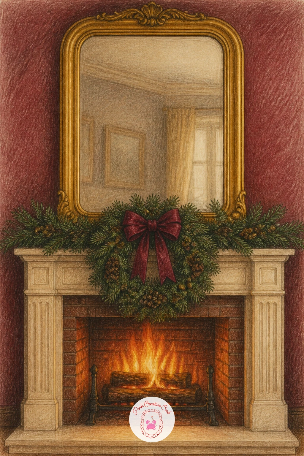 Fireplace With a Big Mirror and a Wreath — Add reflection into the scene for a bit of extra depth. Christmas fireplace drawing