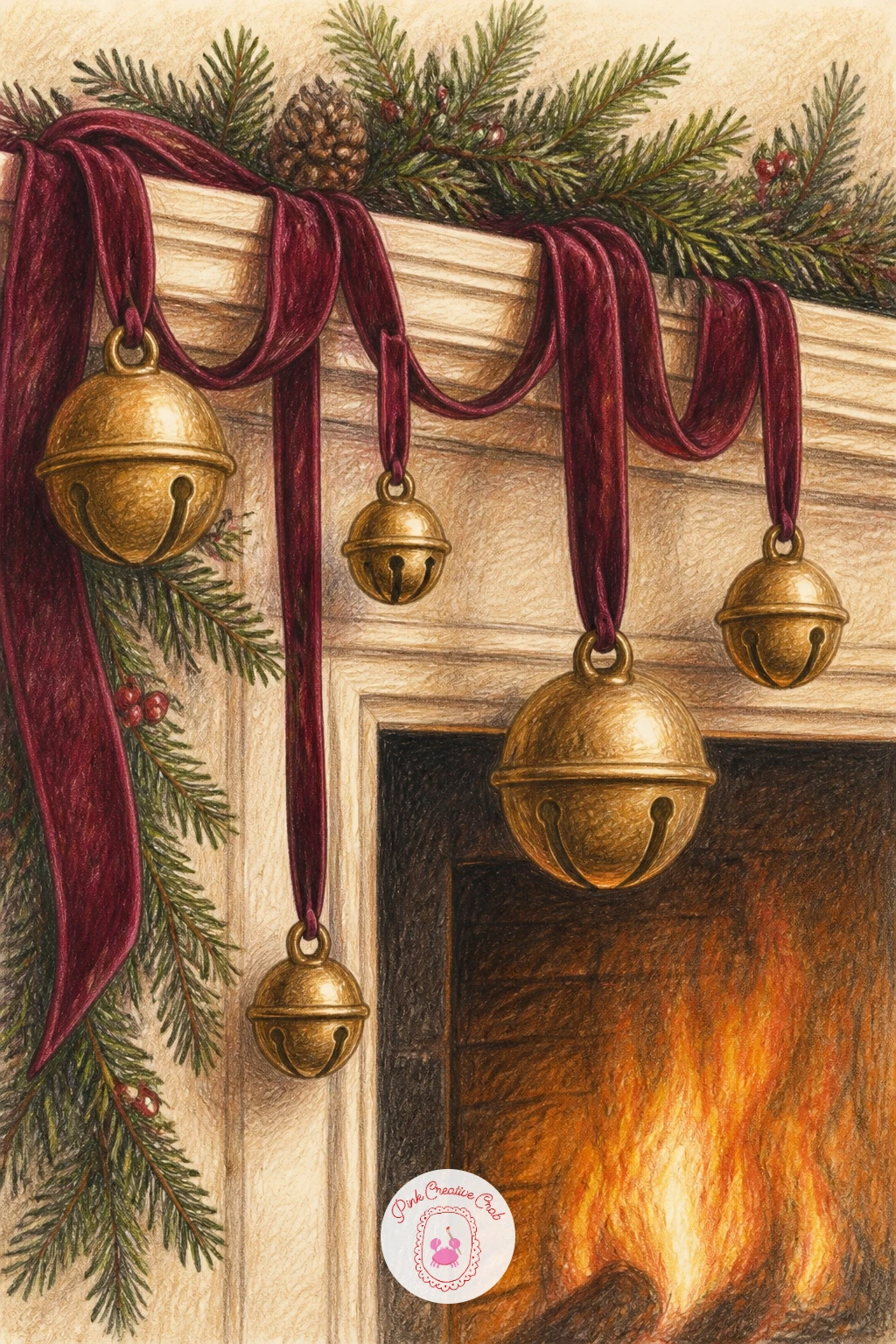 Mantel With Brass Bells and Velvet Ribbon — Return to brass and velvet for a smaller, more delicate still life. Christmas fireplace drawing