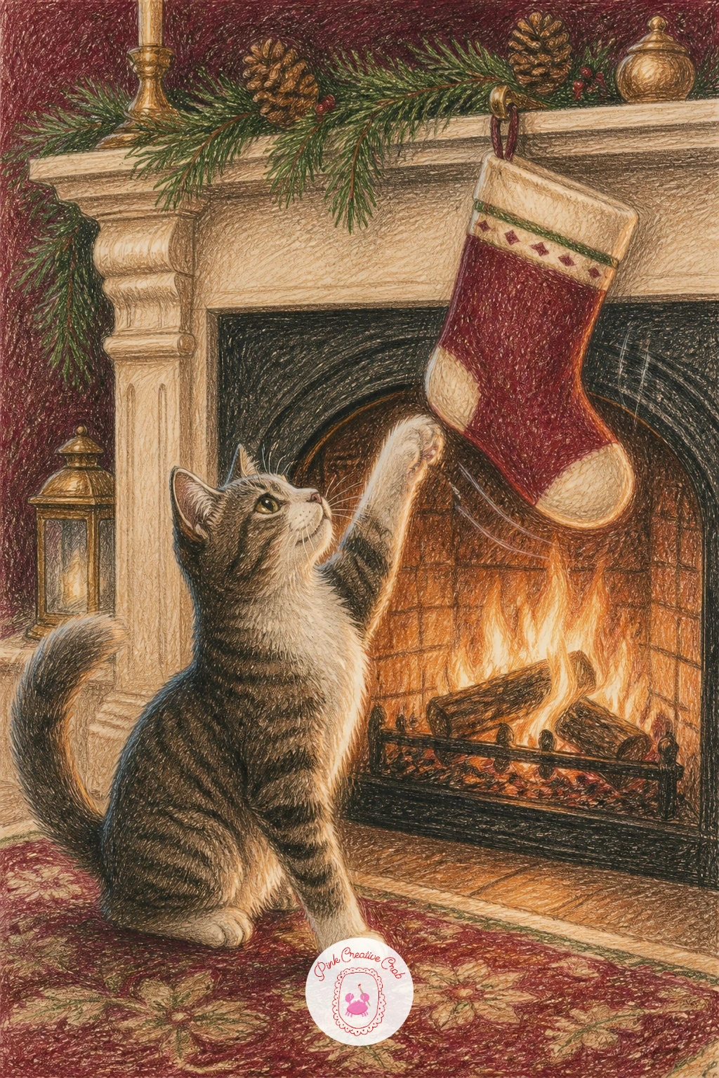Cat Batting a Stocking — Bring in a moment of motion after several still, styled scenes. Christmas fireplace drawing