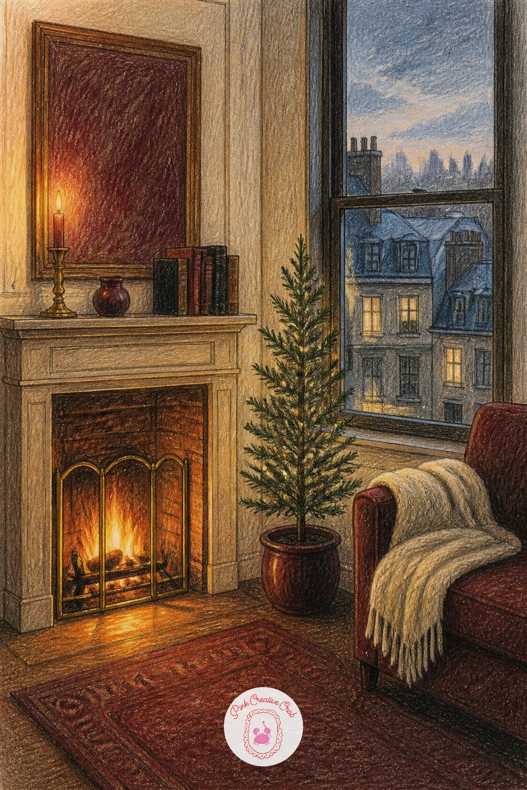 Fireplace in a City Apartment With a Tiny Tree — Shrink the whole scene down to apartment scale for a change of setting. Christmas fireplace drawing