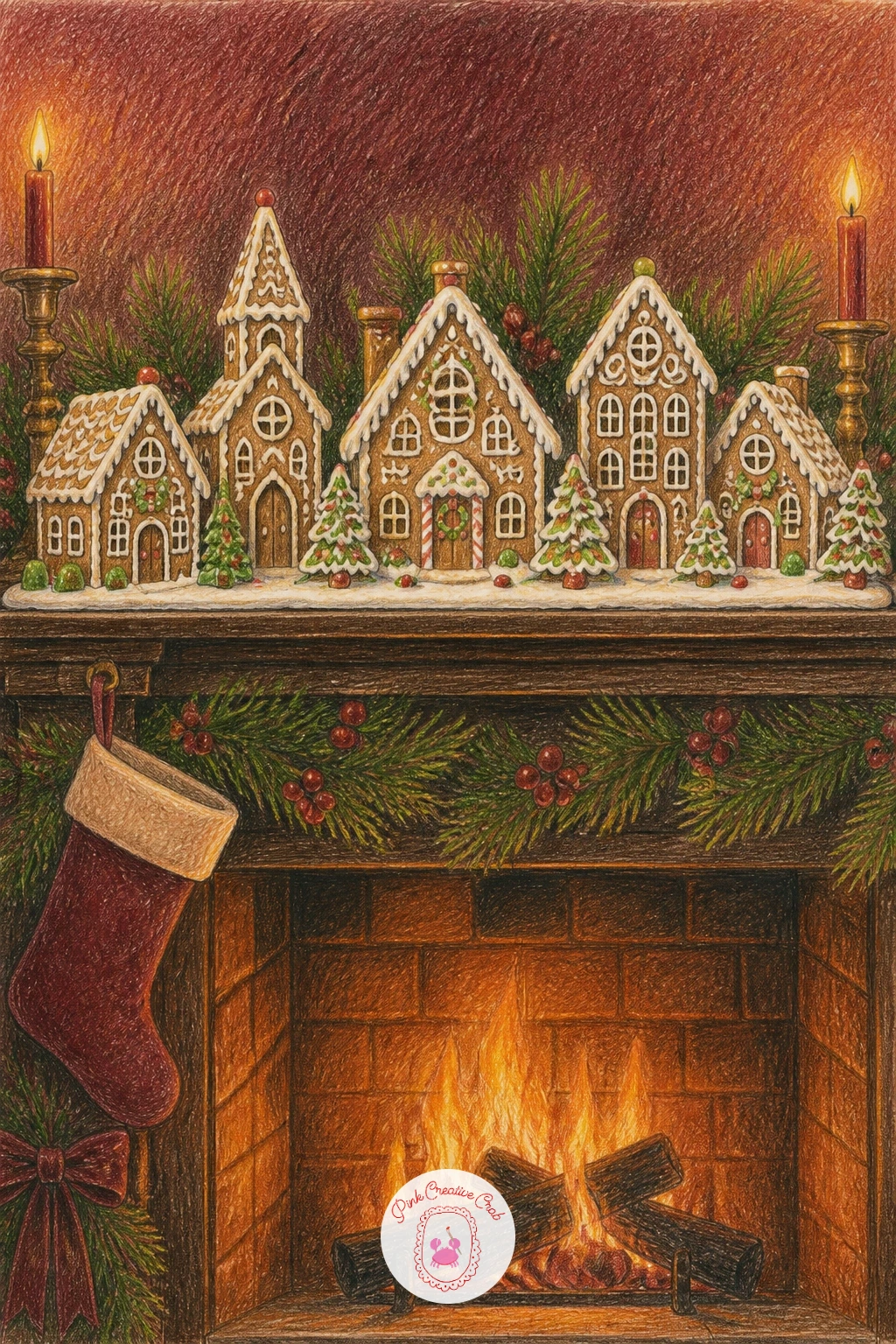 Mantel With a Gingerbread Village Display — Close the list with the most detailed scene, a full miniature village lined along the mantel. Christmas fireplace