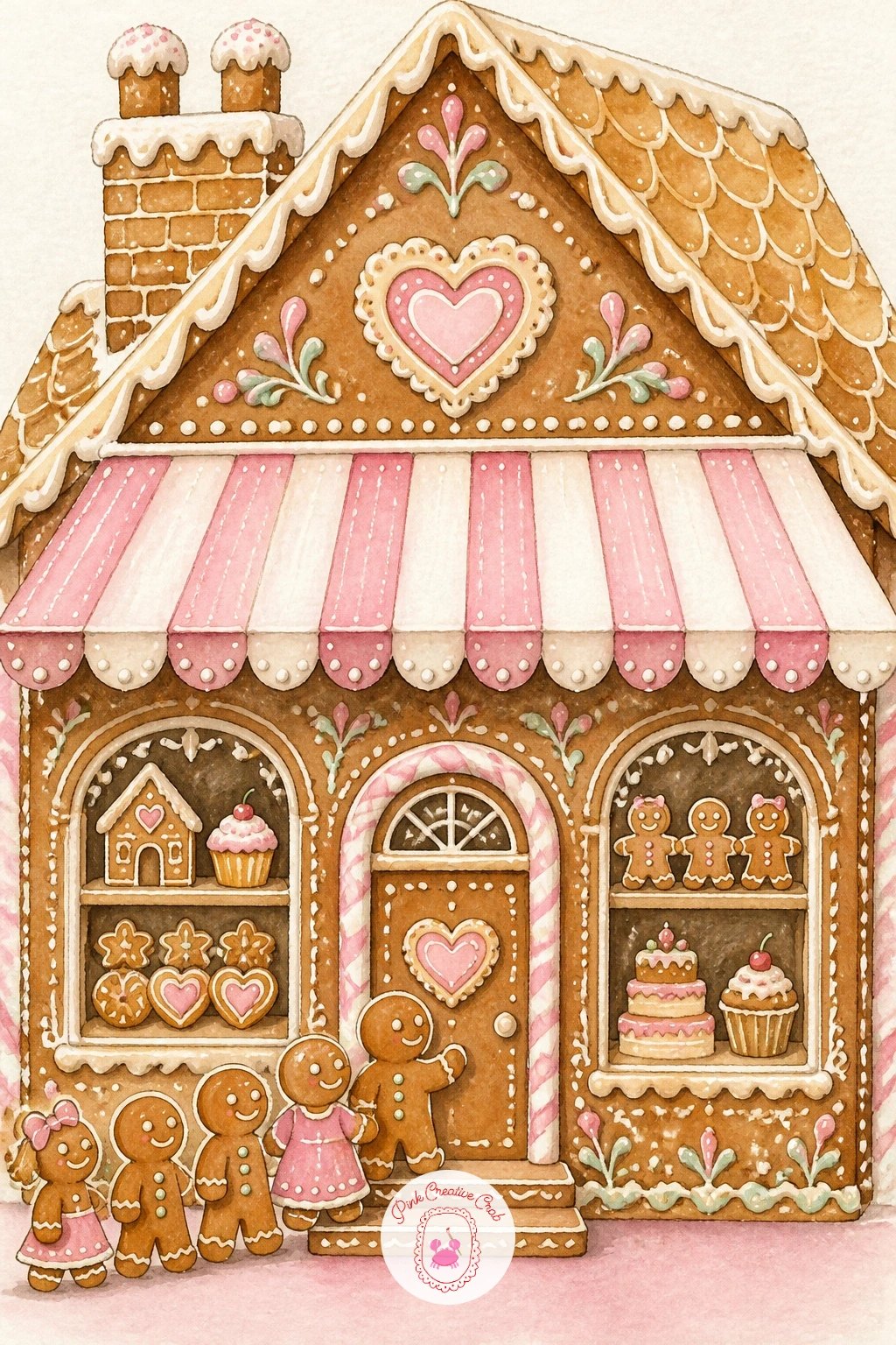 Gingerbread Bakery With Cookie People in Line — Give your page a little story with a gingerbread bakery with tiny cookie people queued outside, their little