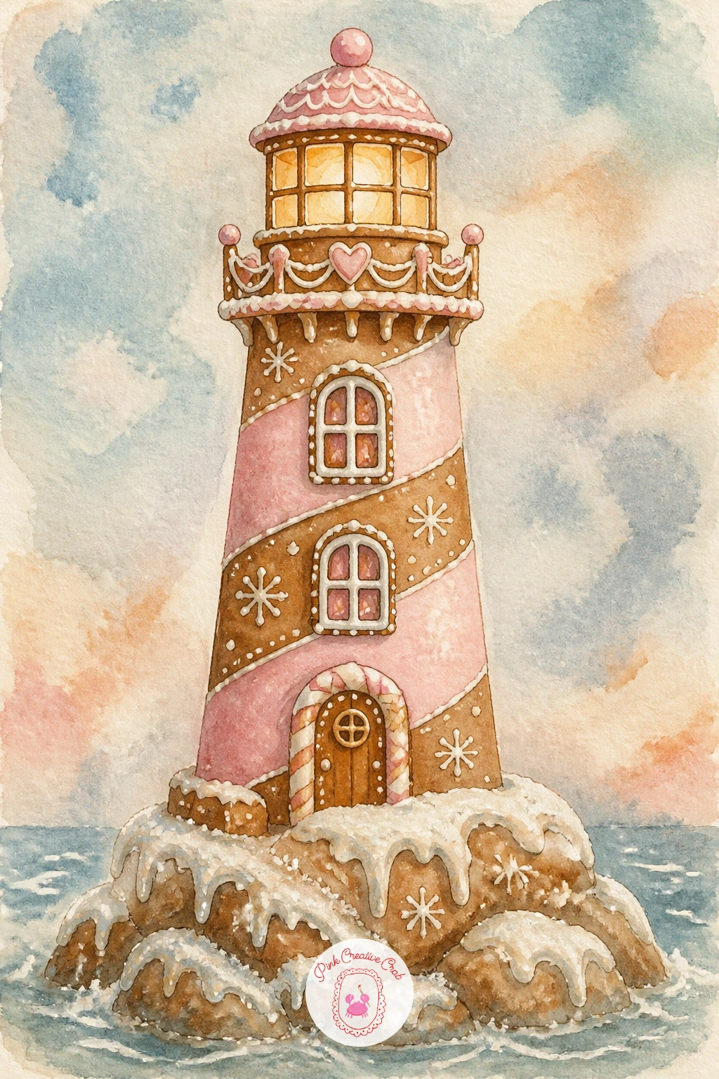 Gingerbread Lighthouse on a Sugar Rock — Move from a village building to something taller: a gingerbread lighthouse on a sugar rock, standing alone against the
