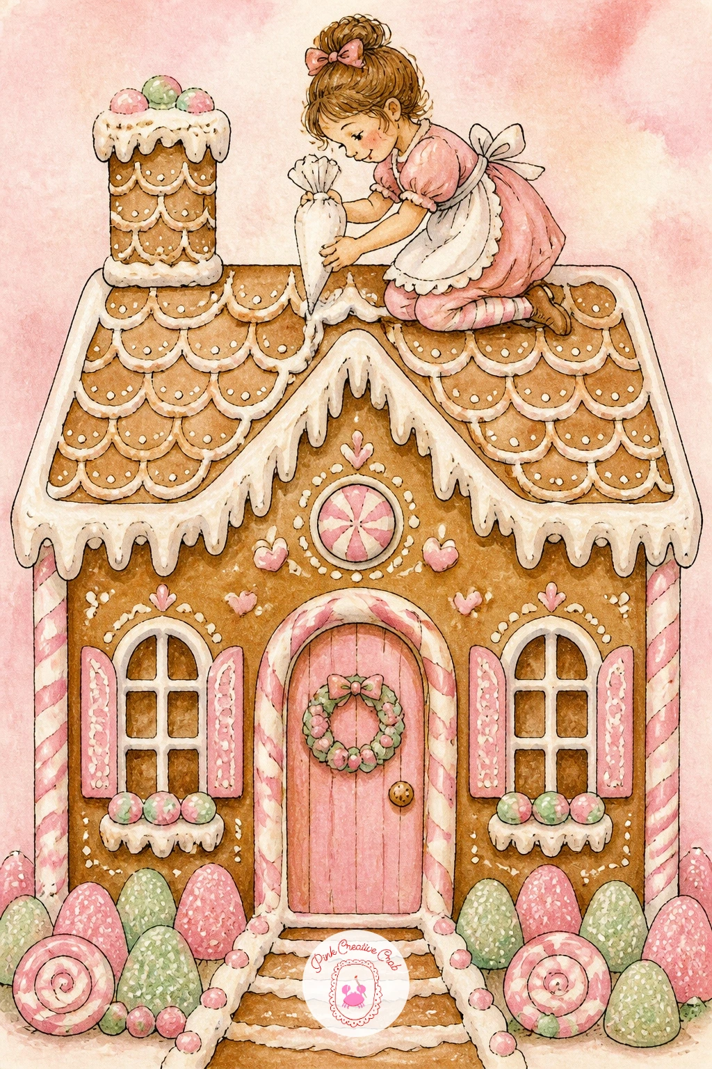 Girl Piping Icing on the Roof — Bring a figure into the scene with a gingerbread house with a girl piping icing on the roof, caught mid-task with a piping bag