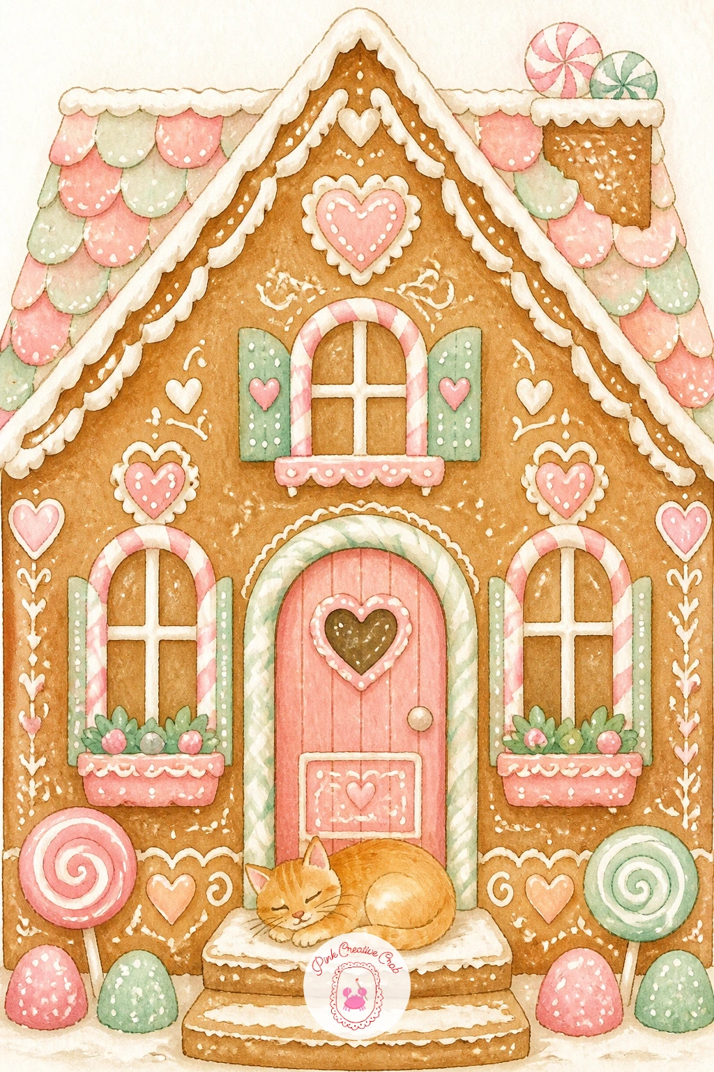 Sleeping Cat on the Doorstep — Slow the mood down with a gingerbread house with a sleeping cat on the doorstep, a small quiet detail that makes the whole page