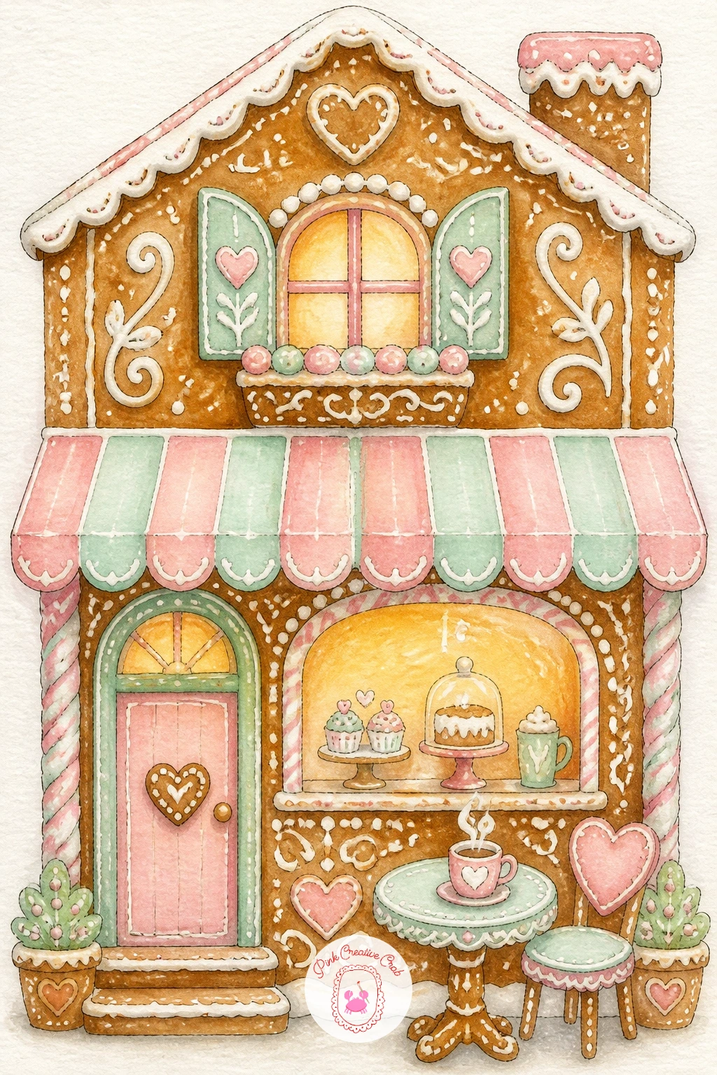 Gingerbread Café With a Striped Awning — Keep the cozy feeling going with a gingerbread café with a striped awning stretched over a little outdoor table.