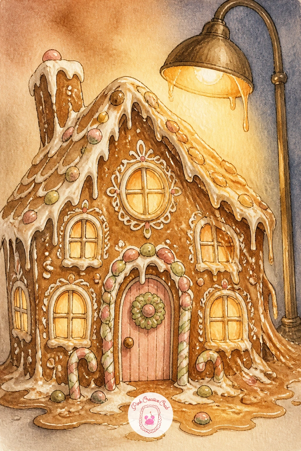 Gingerbread House Melting Under a Lamp — Have some fun with light on a gingerbread house melting slightly under a lamp, where one strong light source does all