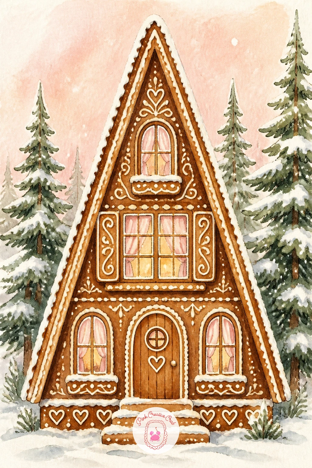 Gingerbread A-Frame Cabin in the Woods — Head into the trees with a gingerbread A-frame cabin in the woods, a strong triangular silhouette surrounded by a few