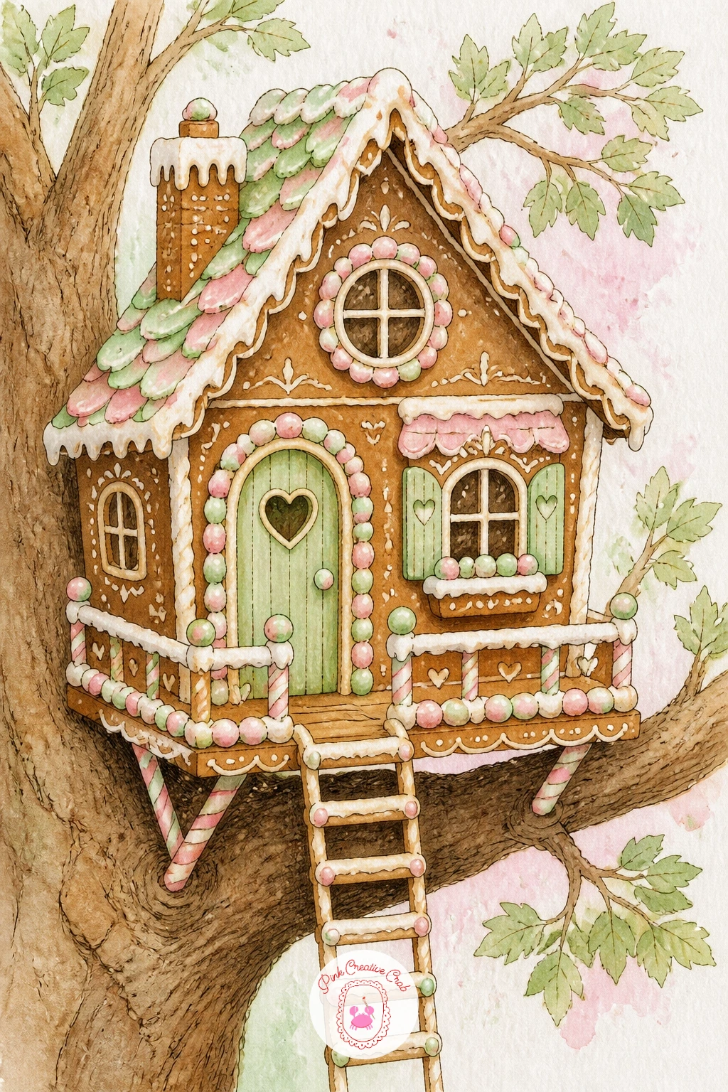 Gingerbread Treehouse — Lift the house off the ground with a gingerbread treehouse tucked into the branches, supported by a simple tree trunk below.