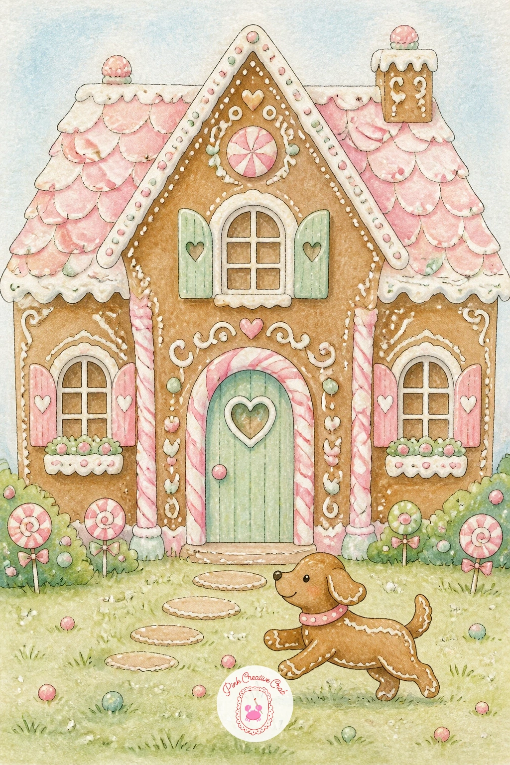 Cookie Dog on the Lawn — Add a companion with a gingerbread house with a dog made of cookie bounding across the icing lawn out front. Gingerbread house drawing