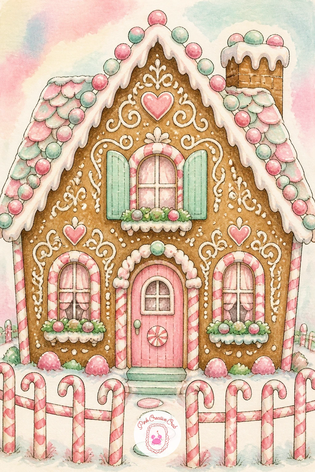 Gingerbread House With a Pink Candy Cane Fence — Frame the whole scene with a gingerbread house with a pink candy cane fence running along the front, a