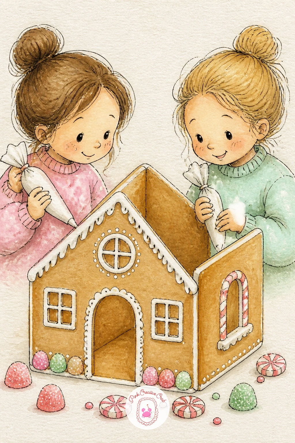 Two Friends Building a Gingerbread House at a Table — Bring in two figures with a gingerbread house being built by two friends at a table, caught mid-project