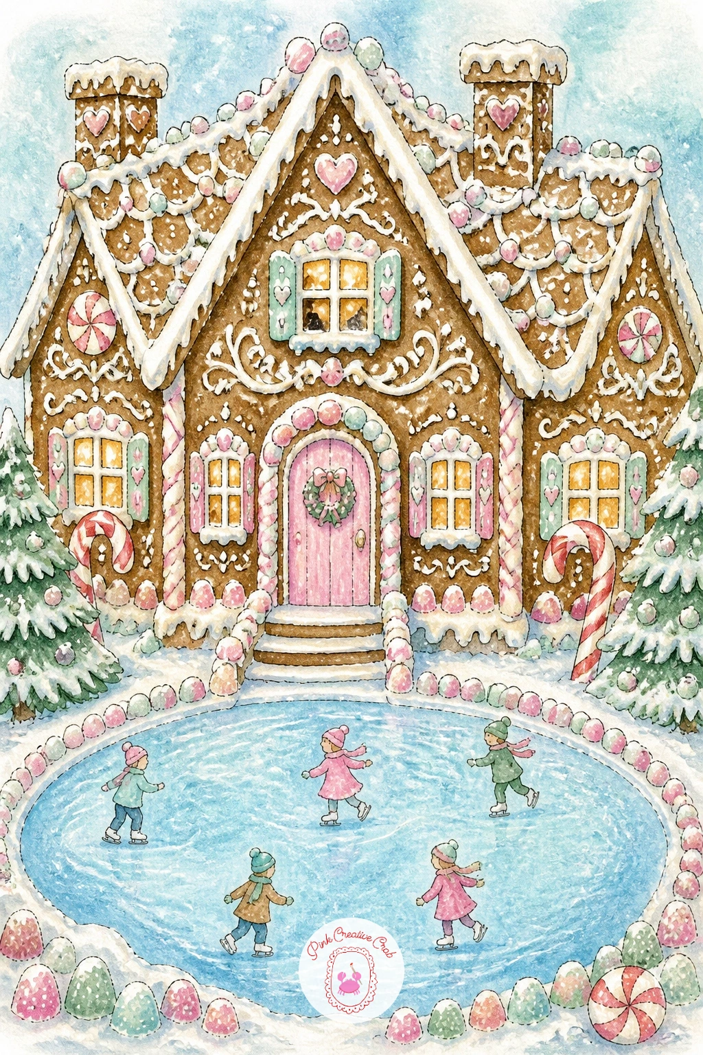 Gingerbread House With a Sugar Skating Pond — Add some gentle motion with a gingerbread house with a sugar skating pond out front, a small oval of ice with a