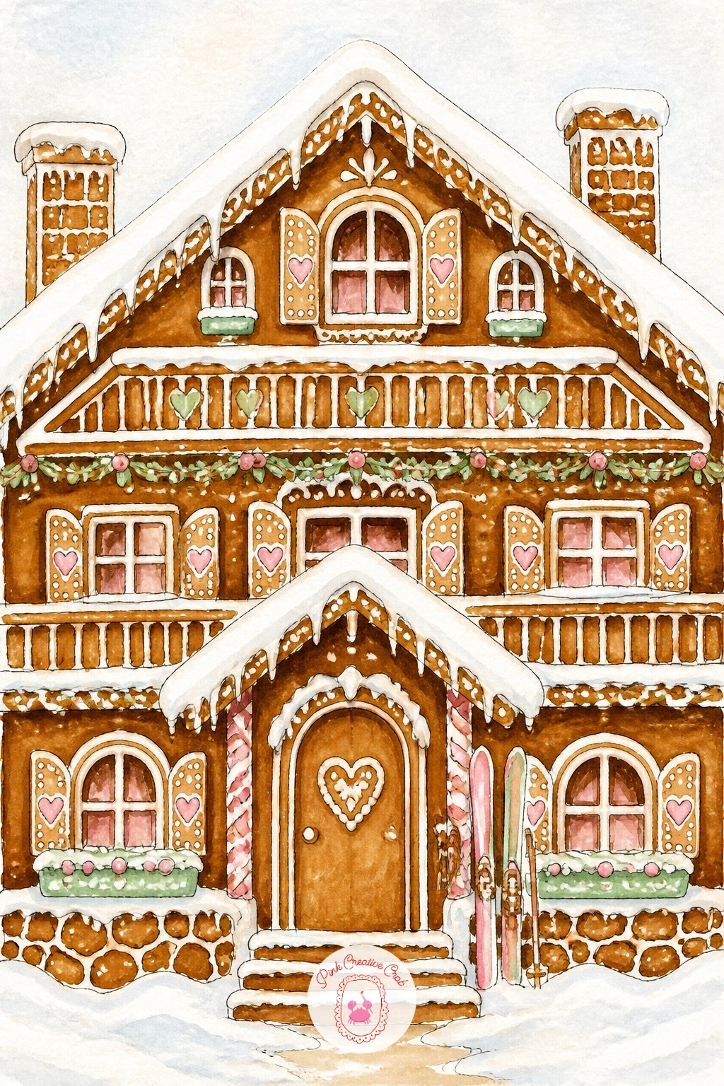 Gingerbread Ski Chalet — Head up the mountain with a gingerbread ski chalet, broad and low with a heavy snow covered roof and a pair of tiny skis leaning by