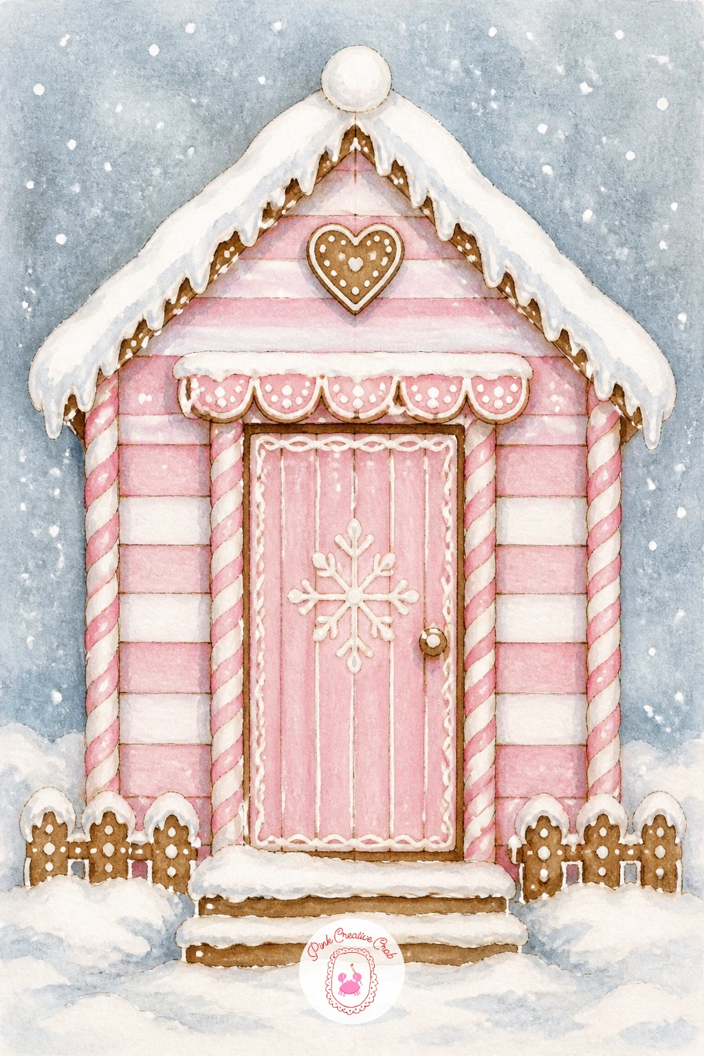 Gingerbread Beach Hut in Winter — Mix seasons with a gingerbread beach hut in winter, a striped summer shape dusted unexpectedly with snow. Gingerbread house